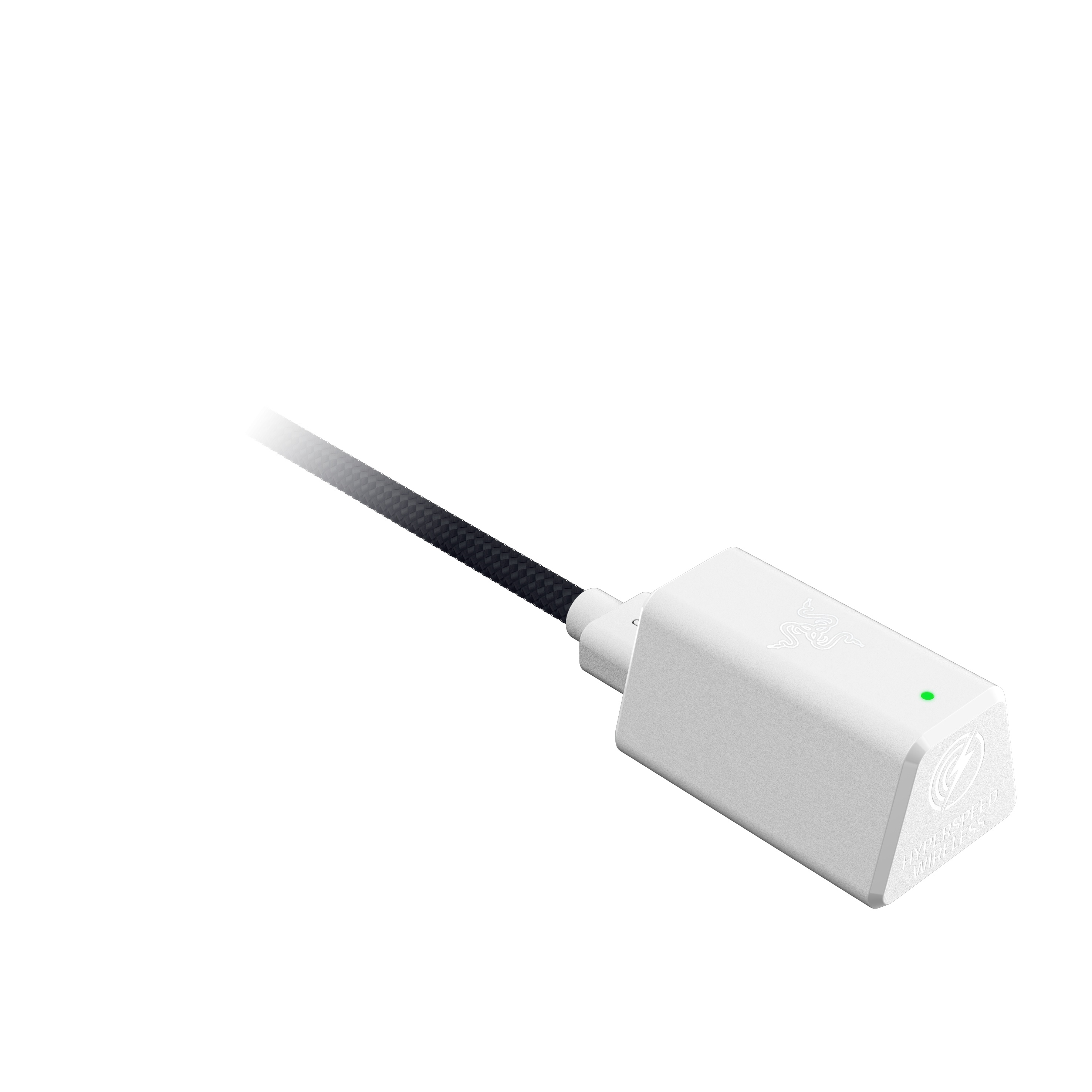 Biały bezprzewodowy klucz USB z logo Razer i zielonym światłem. Jest na białym tle.