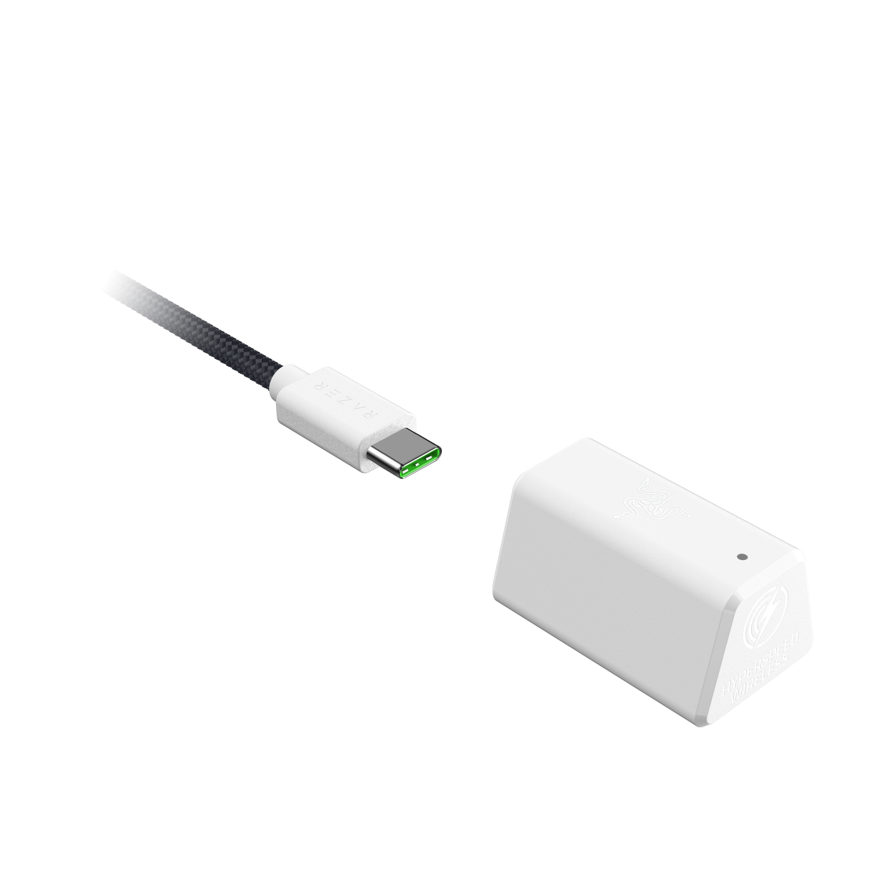 Białe złącze USB-C Razer i biały odbiornik z logo Razer.
