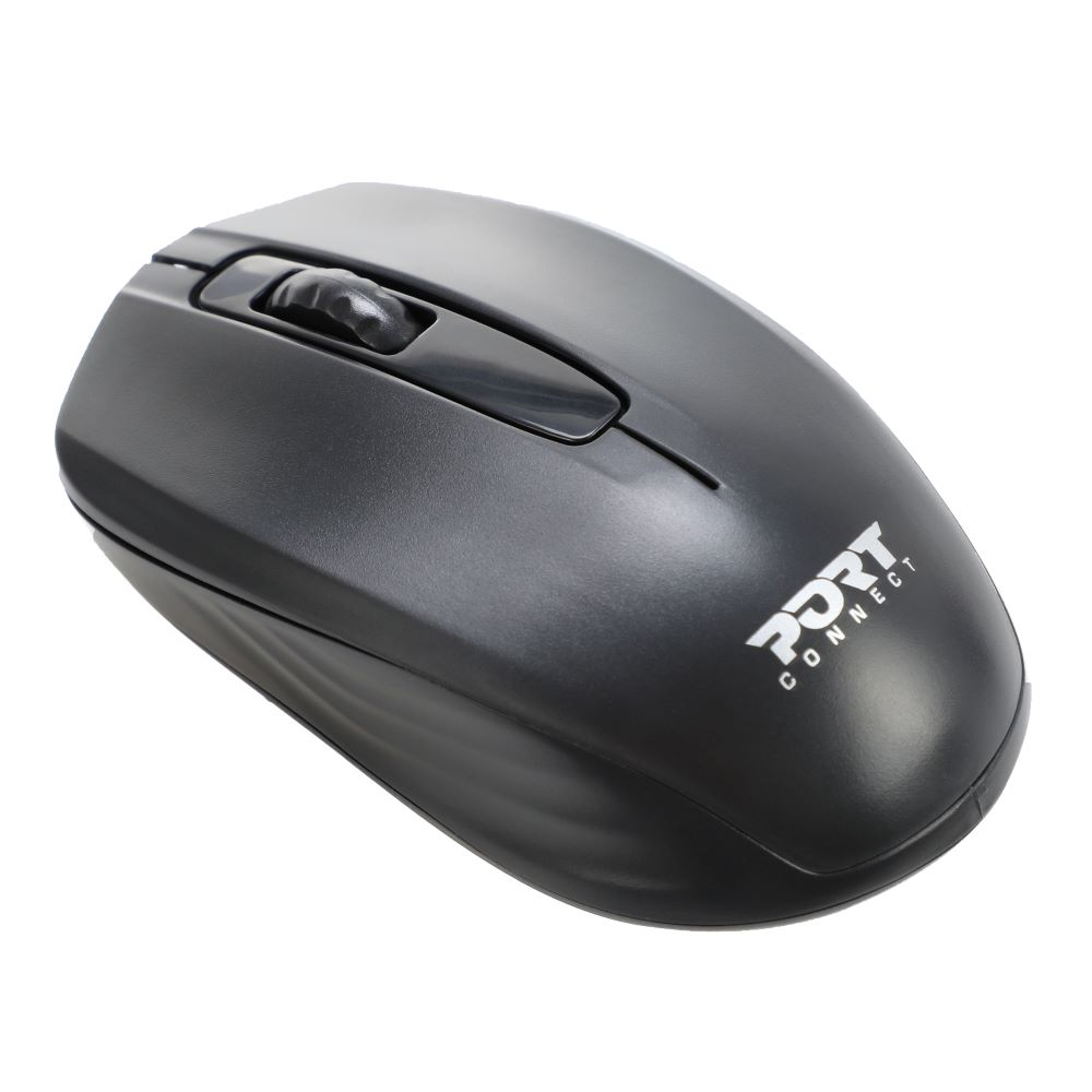 Mouse per computer nero con rotella, su sfondo bianco.