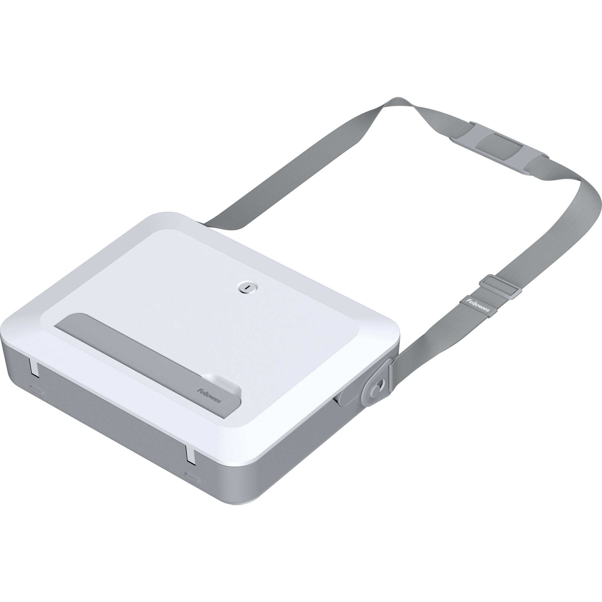 Distruggi documenti portatile bianco e grigio con cinturino grigio. Il marchio è 'Fellowes'.