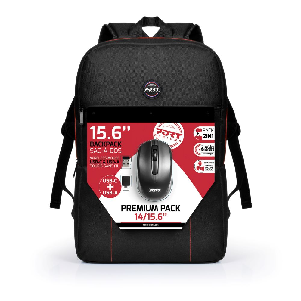 Zaino nero con un mouse sopra. Sfondo bianco con testo promozionale.
