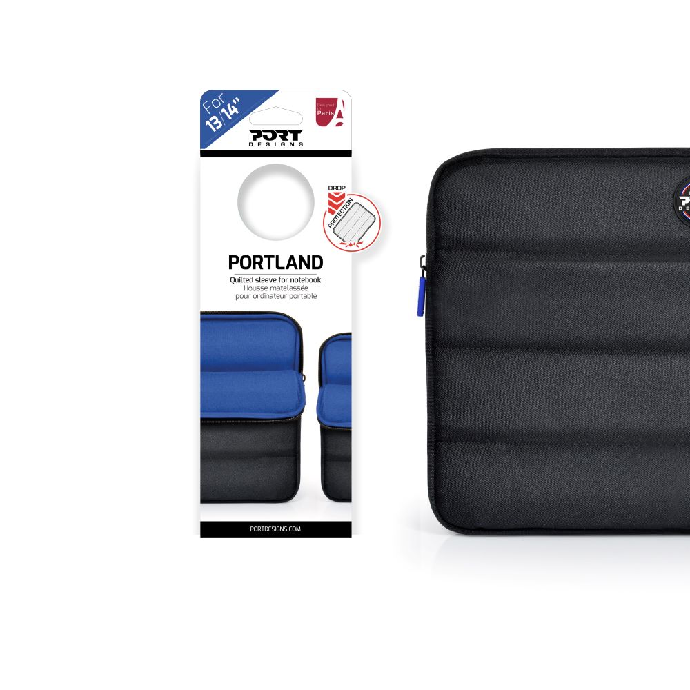 Housse d'ordinateur portable noire avec intérieur bleu, emballée avec une étiquette en carton.