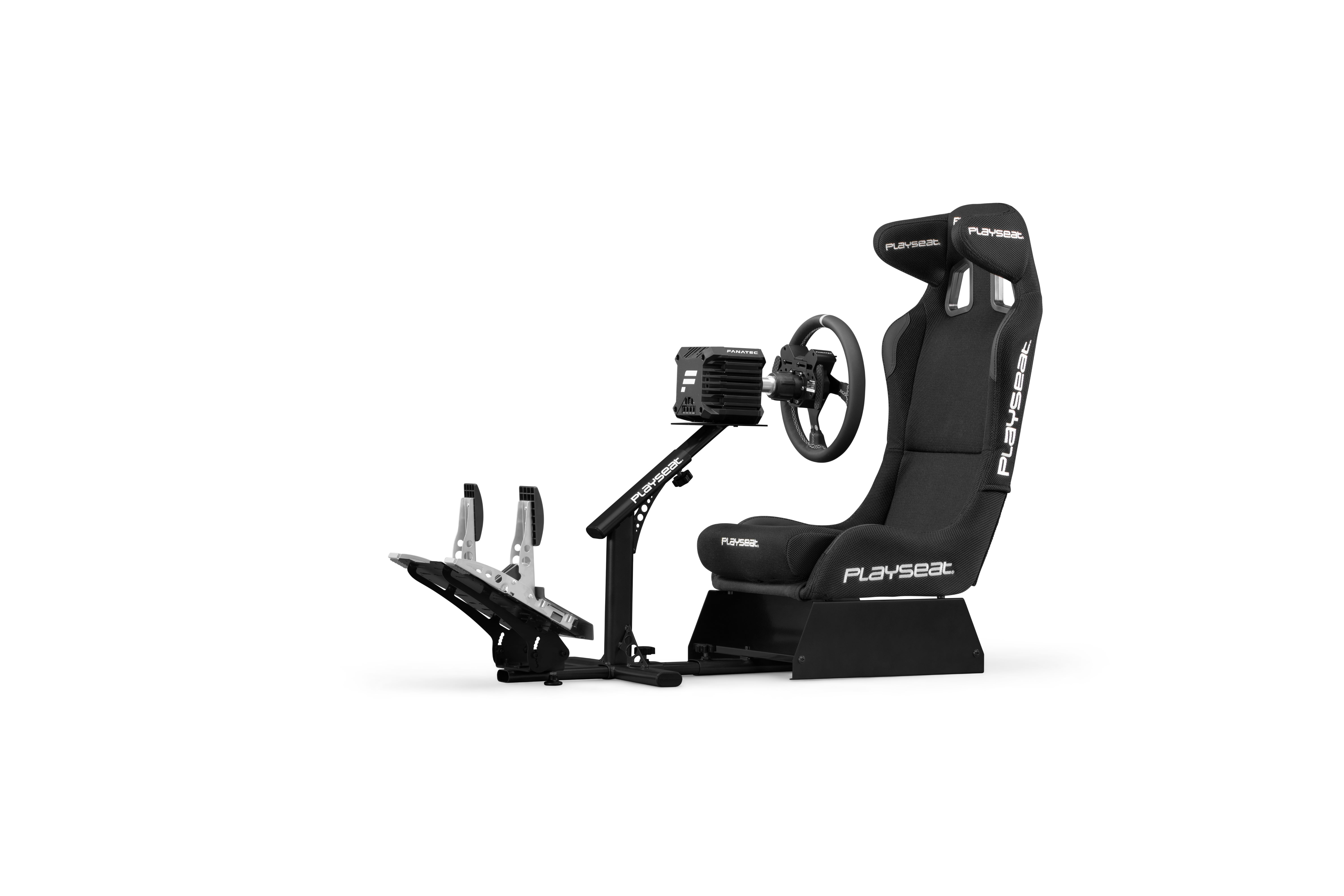 Racing simulator, black seat, steering wheel, pedals. White background.