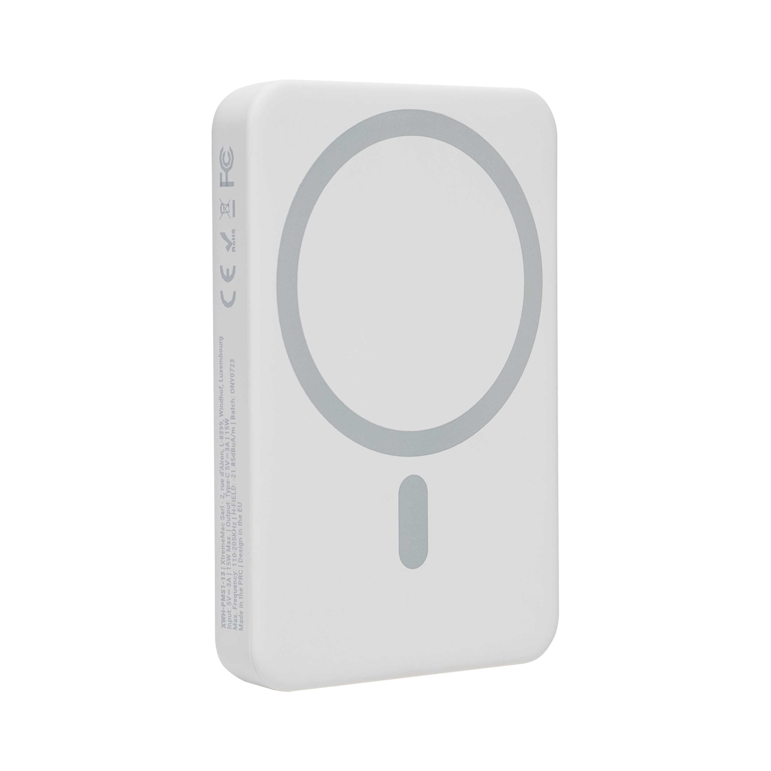 Witte powerbank met een grijze cirkel. De powerbank heeft een oplaadpoort.