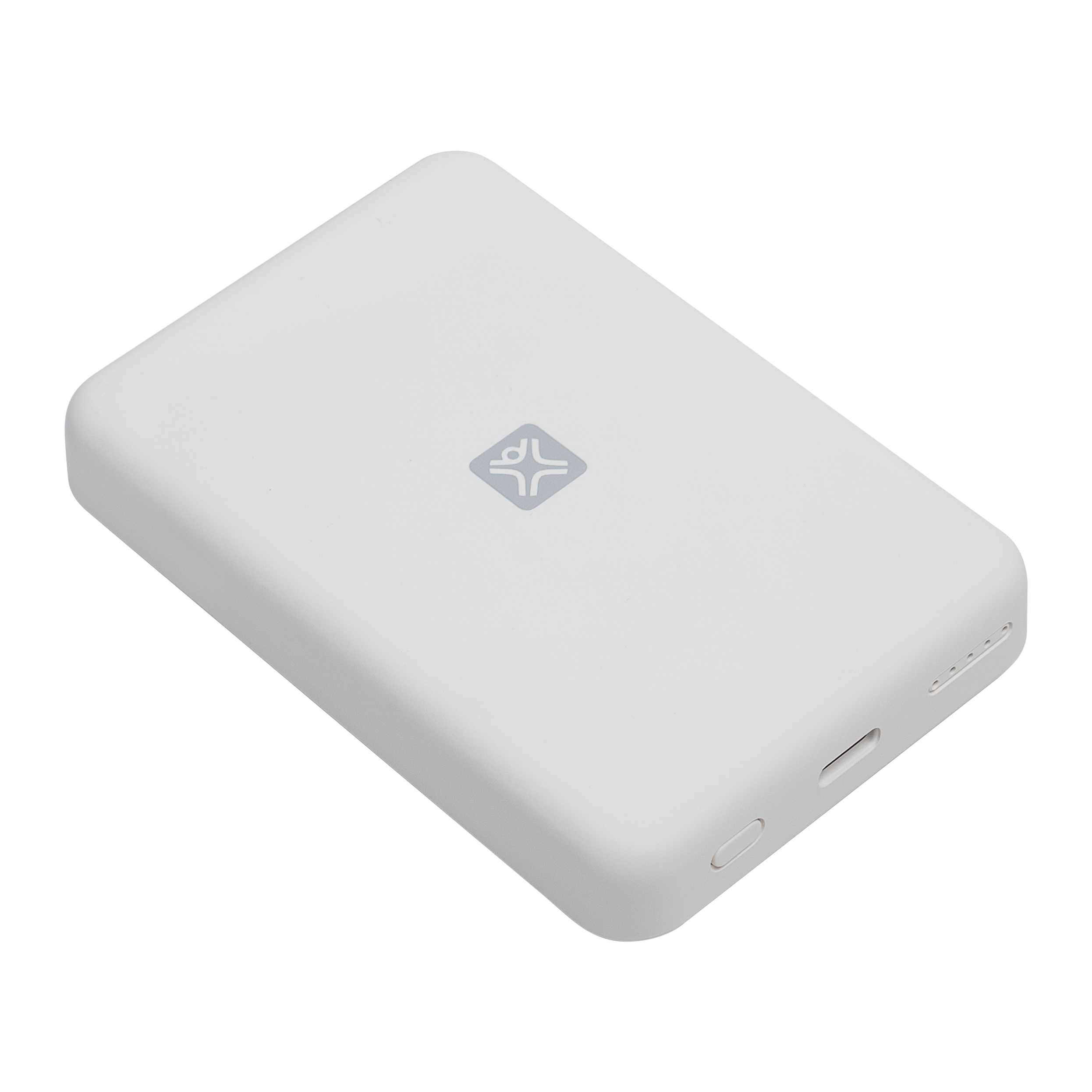 Witte rechthoekige powerbank met een logo en een oplaadpoort.
