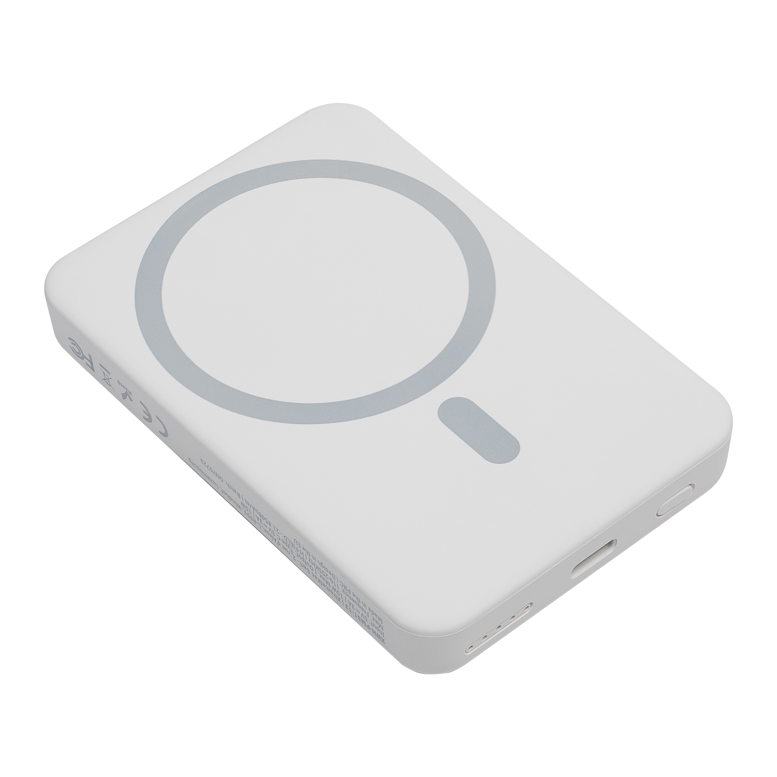 Witte rechthoekige powerbank met een grijze cirkelvormige oplaadpad en een grijze knop.