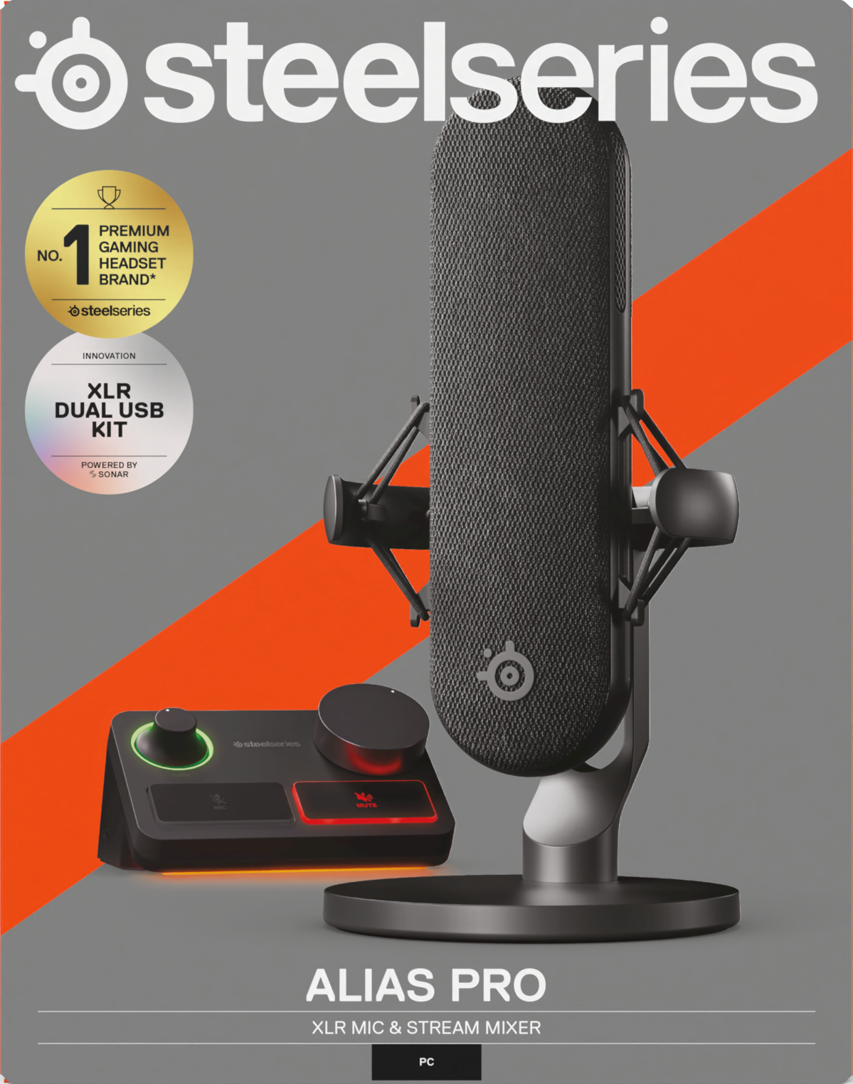 SteelSeries Alias Pro microfoon en stream mixer. Het is zwart en heeft een PC label.