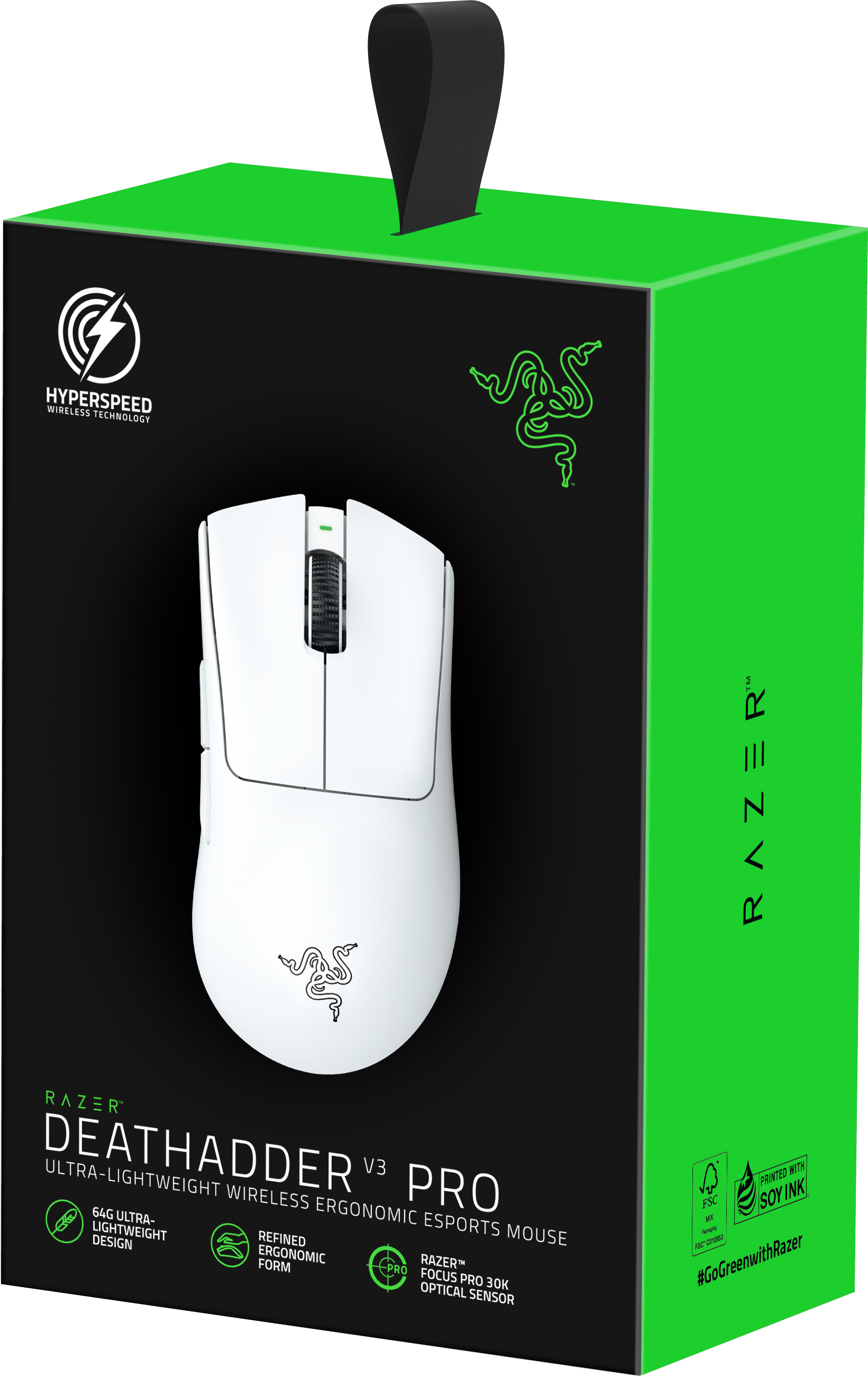 Witte Razer DeathAdder V3 Pro muis op een groene en zwarte doos. Op de doos staat 'HyperSpeed Wireless'.
