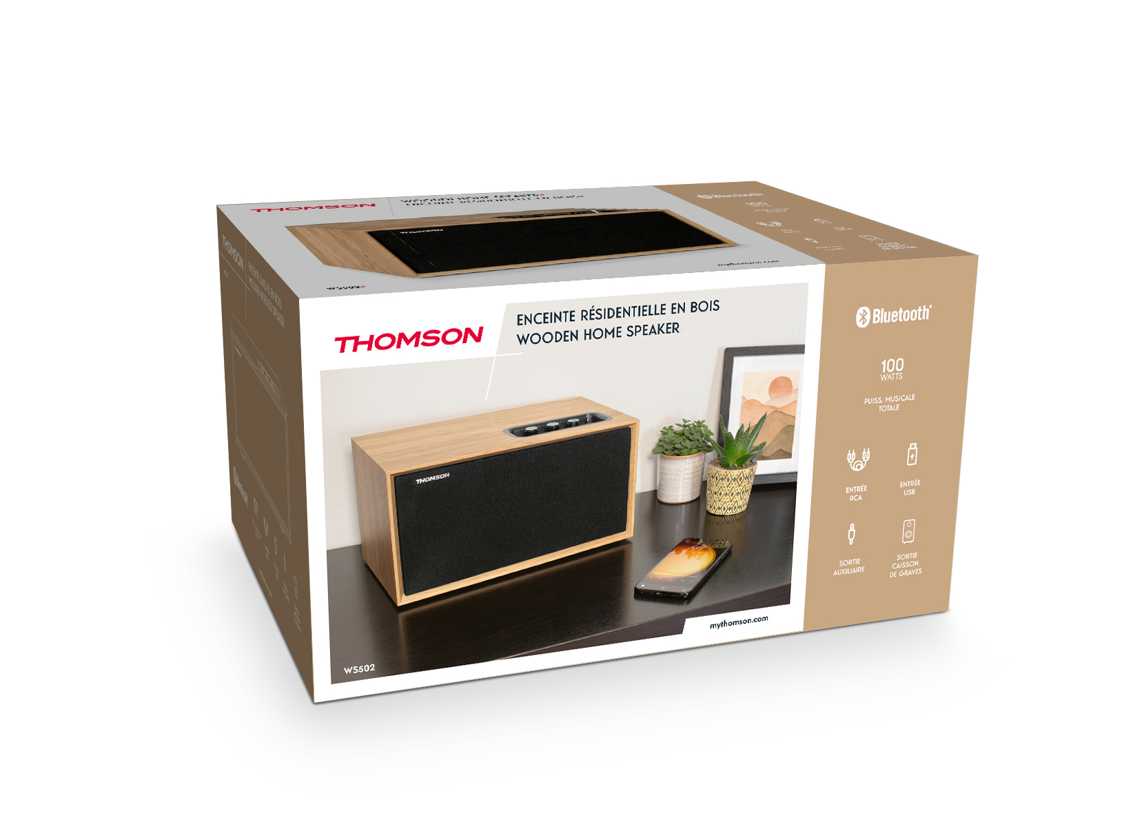 Pudełko głośnika Thomson z drewnianym designem i czarną osłoną głośnika. Białe tło.