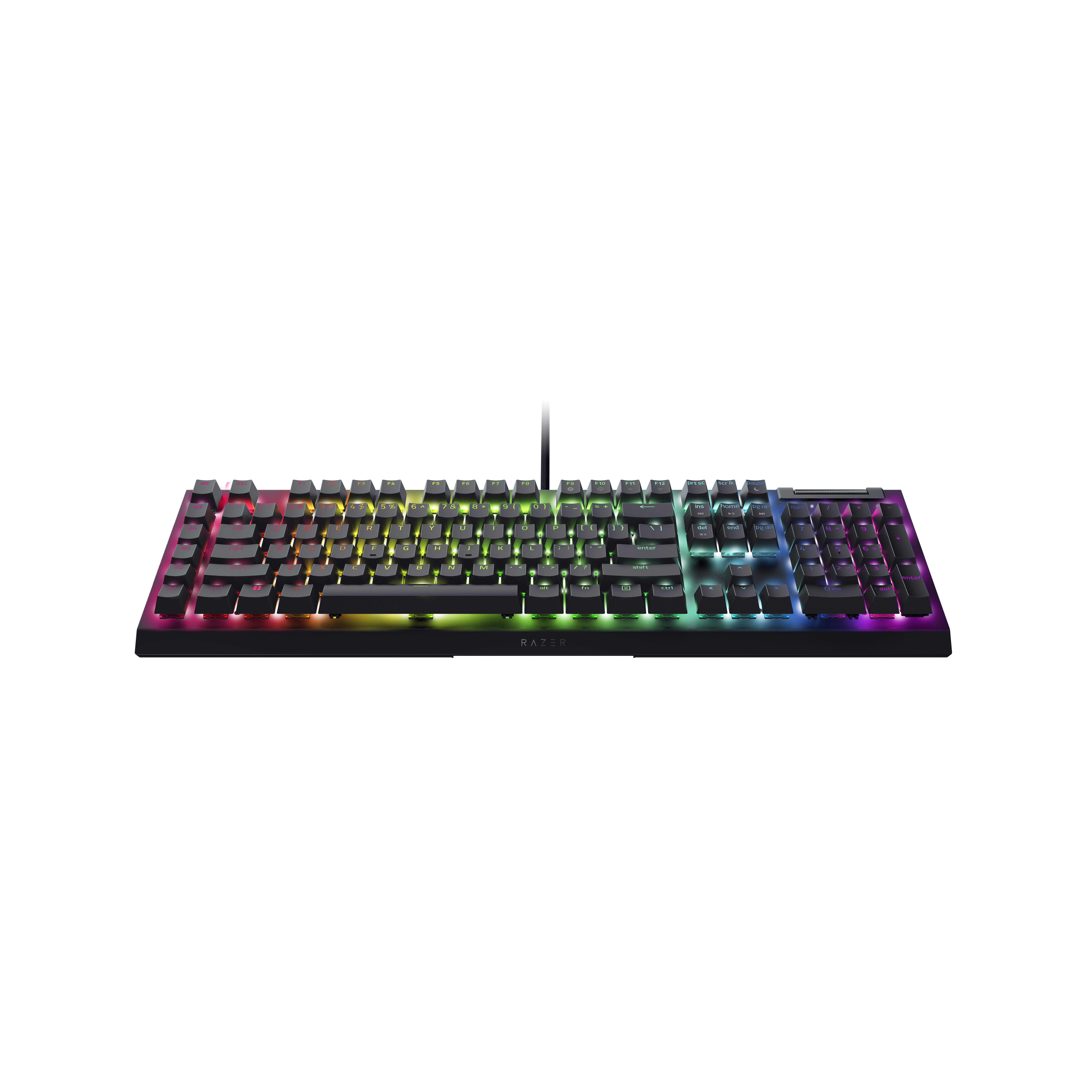 Zwart gaming toetsenbord met meerkleurige toetsen. Witte achtergrond. Boven aanzicht.