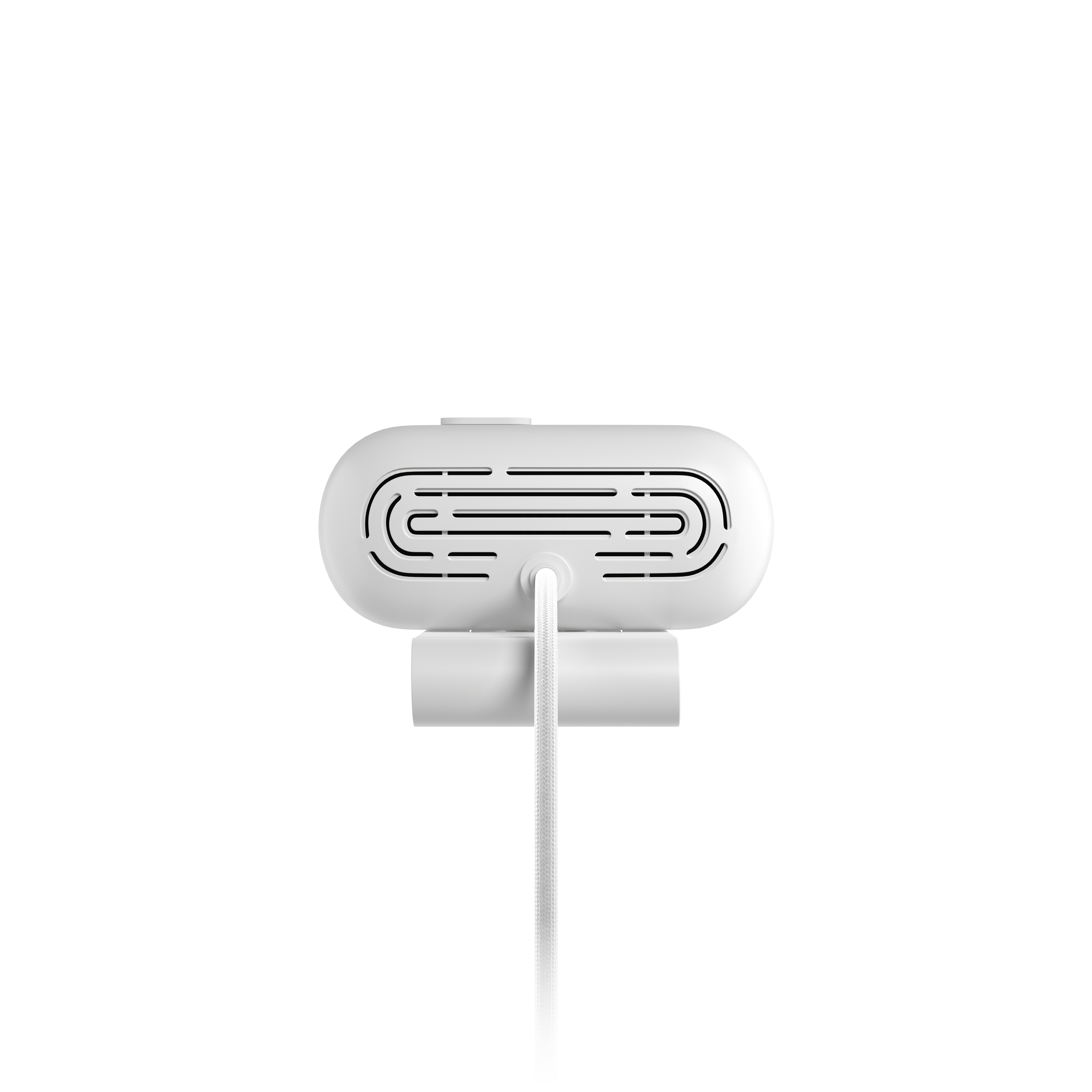 Biała kamera internetowa z kablem. Urządzenie ma nowoczesny design. Tło jest białe.