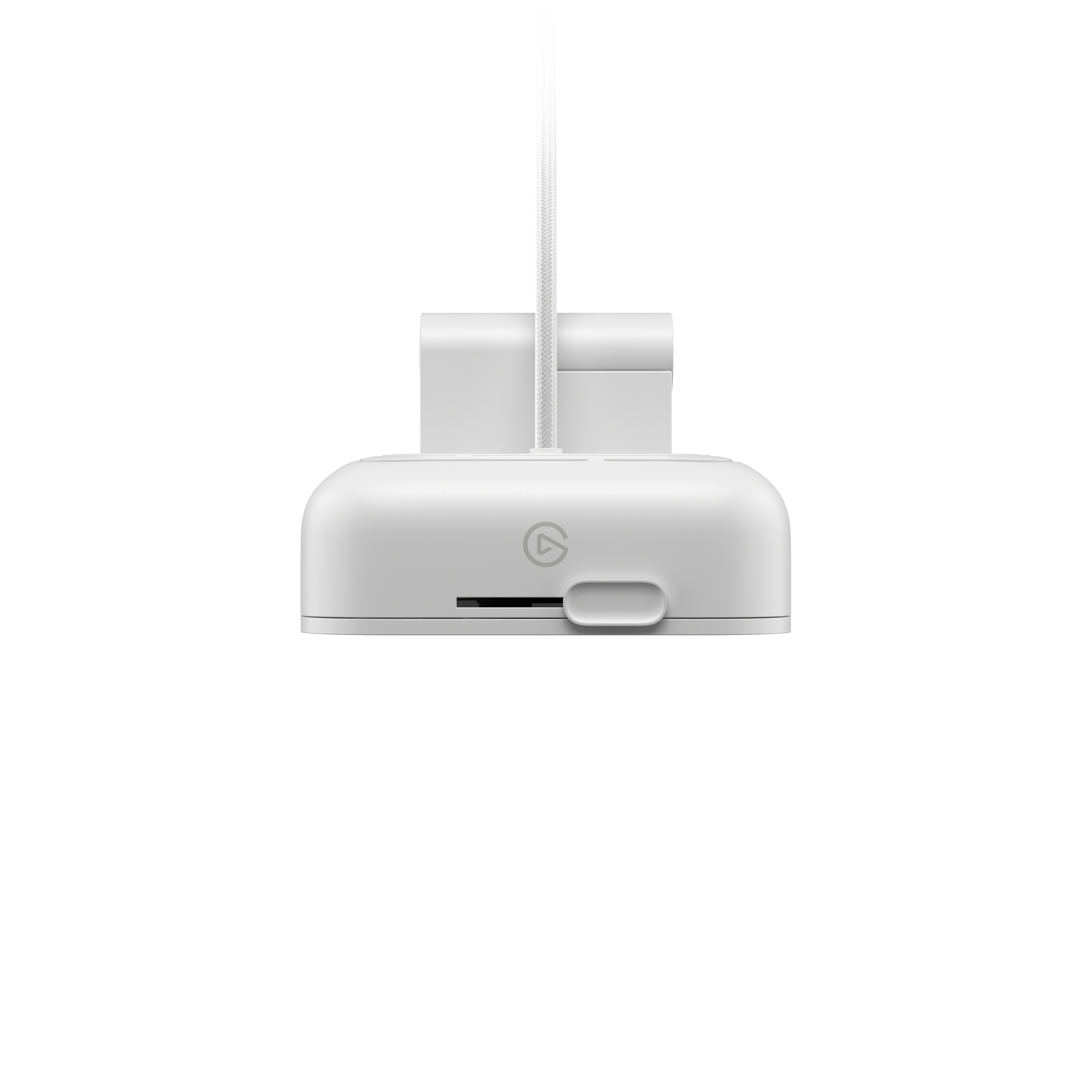 Białe urządzenie z wiszącym kablem. Ma gniazdo i przycisk.