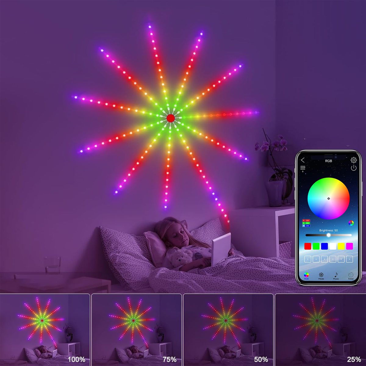 Eine farbenfrohe sternförmige LED-Lichtanzeige an einer Wand, gesteuert von einem Telefon. Ein Mädchen liegt im Bett.