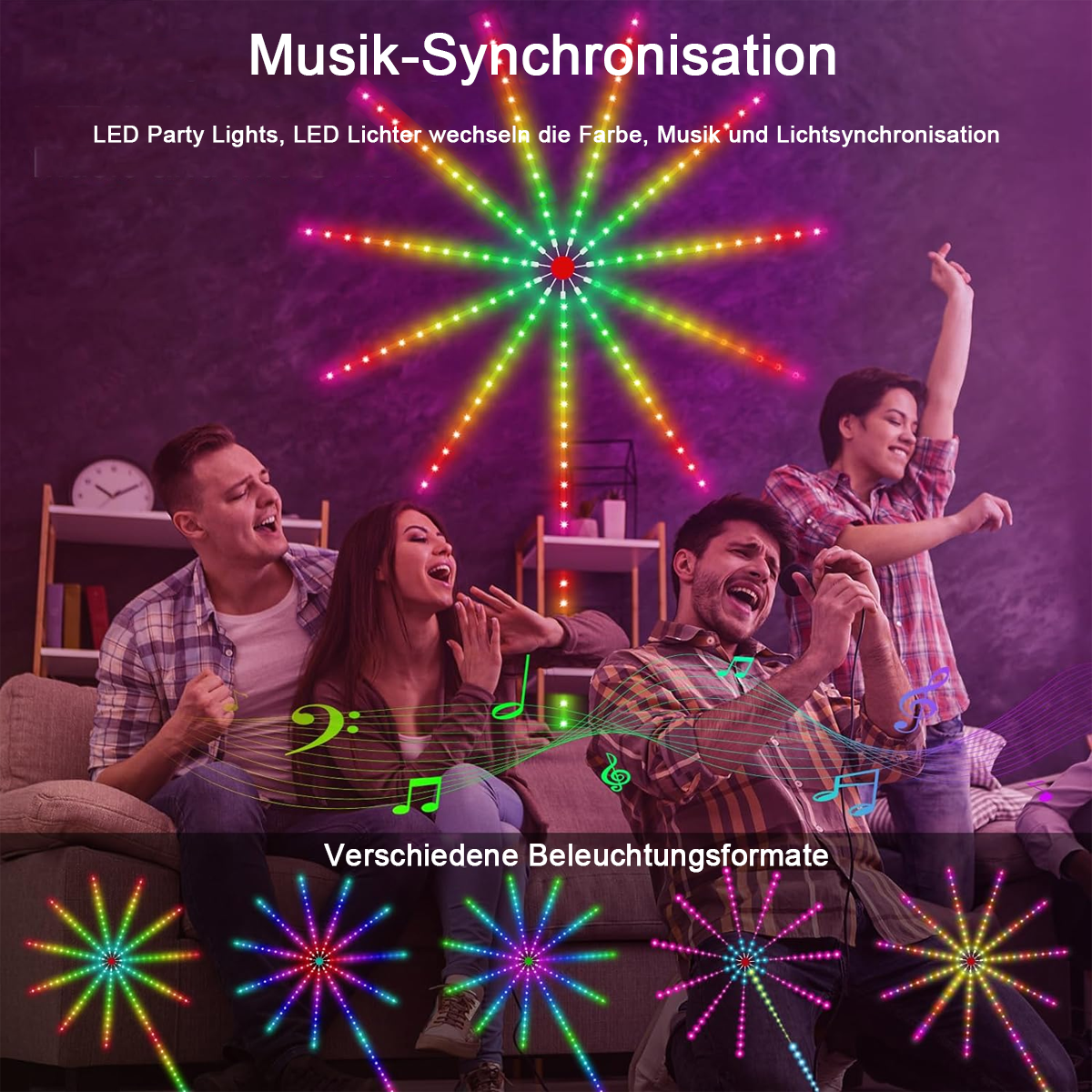 Leute singen und tanzen vor bunten LED-Lichtern. Noten schweben.