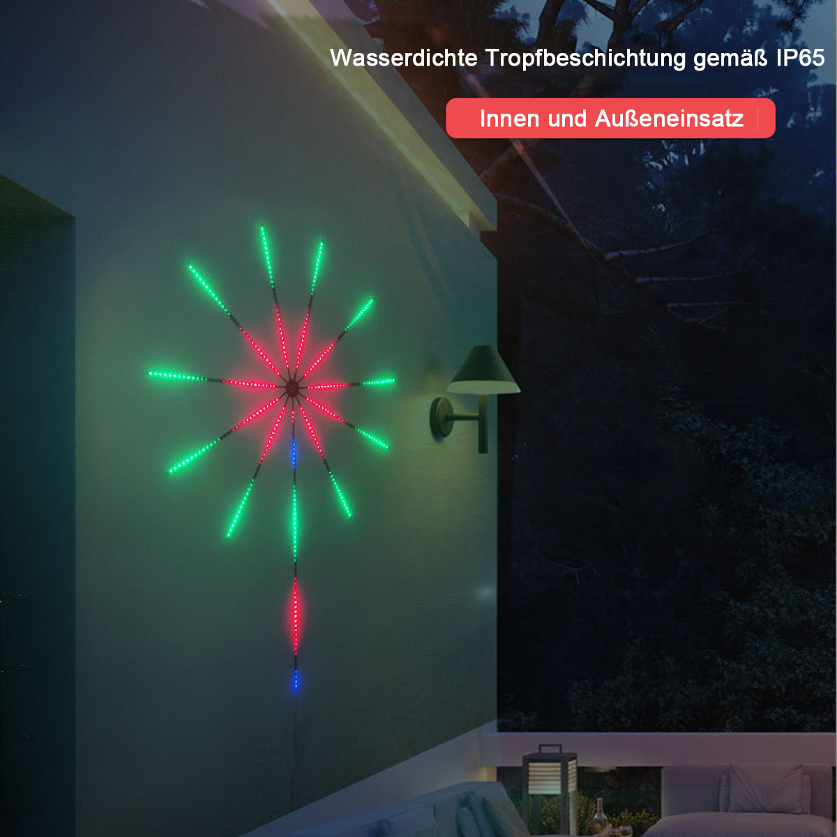 Eine schneeflockenförmige Außenbeleuchtungsinstallation an einer Wand.