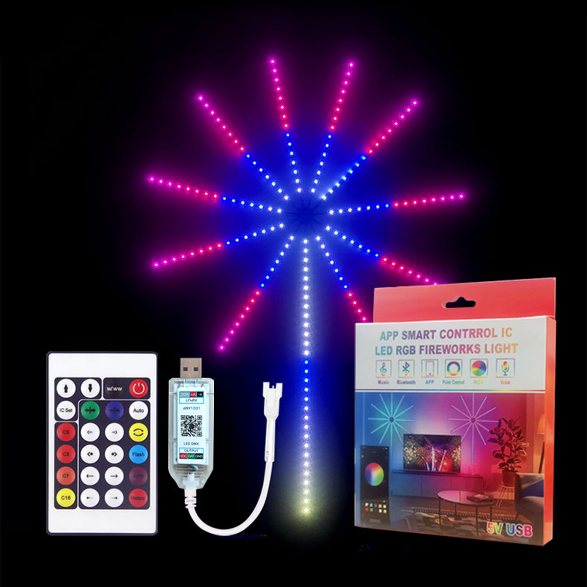 Feuerwerkartige LED-Leuchten mit Fernbedienung, USB-Gerät und Produktbox auf schwarzem Hintergrund.