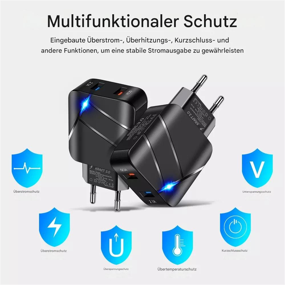 Mehrere schwarze Netzadapter mit Sicherheitssymbolen. Blaue Leuchten gehen von ihnen aus.