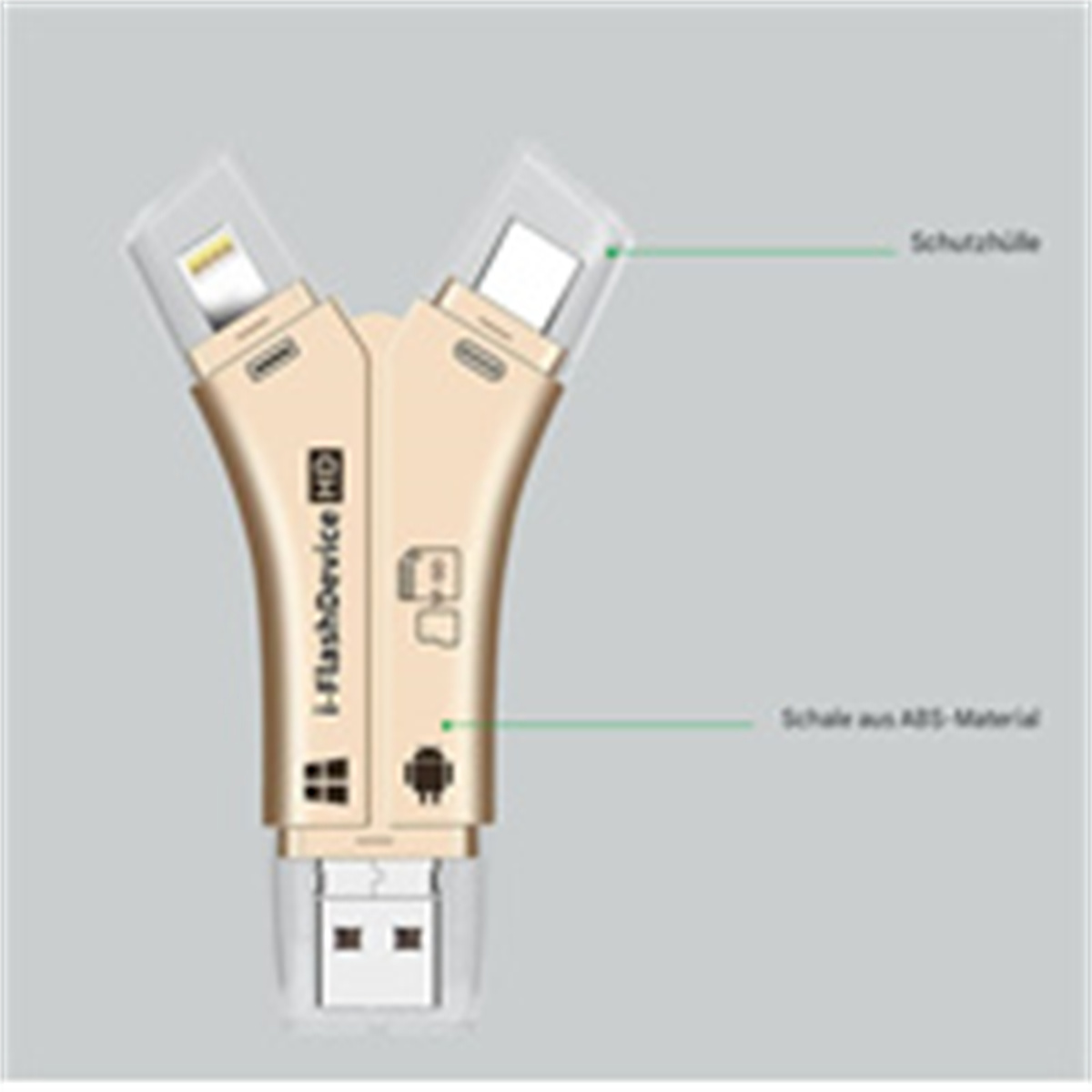 Goldener USB-Adapter mit mehreren Anschlüssen. Einer für USB, zwei für Lightning/USB-C.