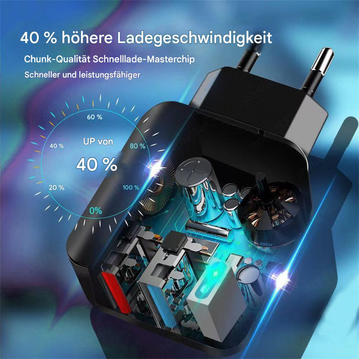 Ein schwarzes Ladegerät mit blauem Leuchten und ein Diagramm, das die Erhöhung der Ladegeschwindigkeit zeigt.