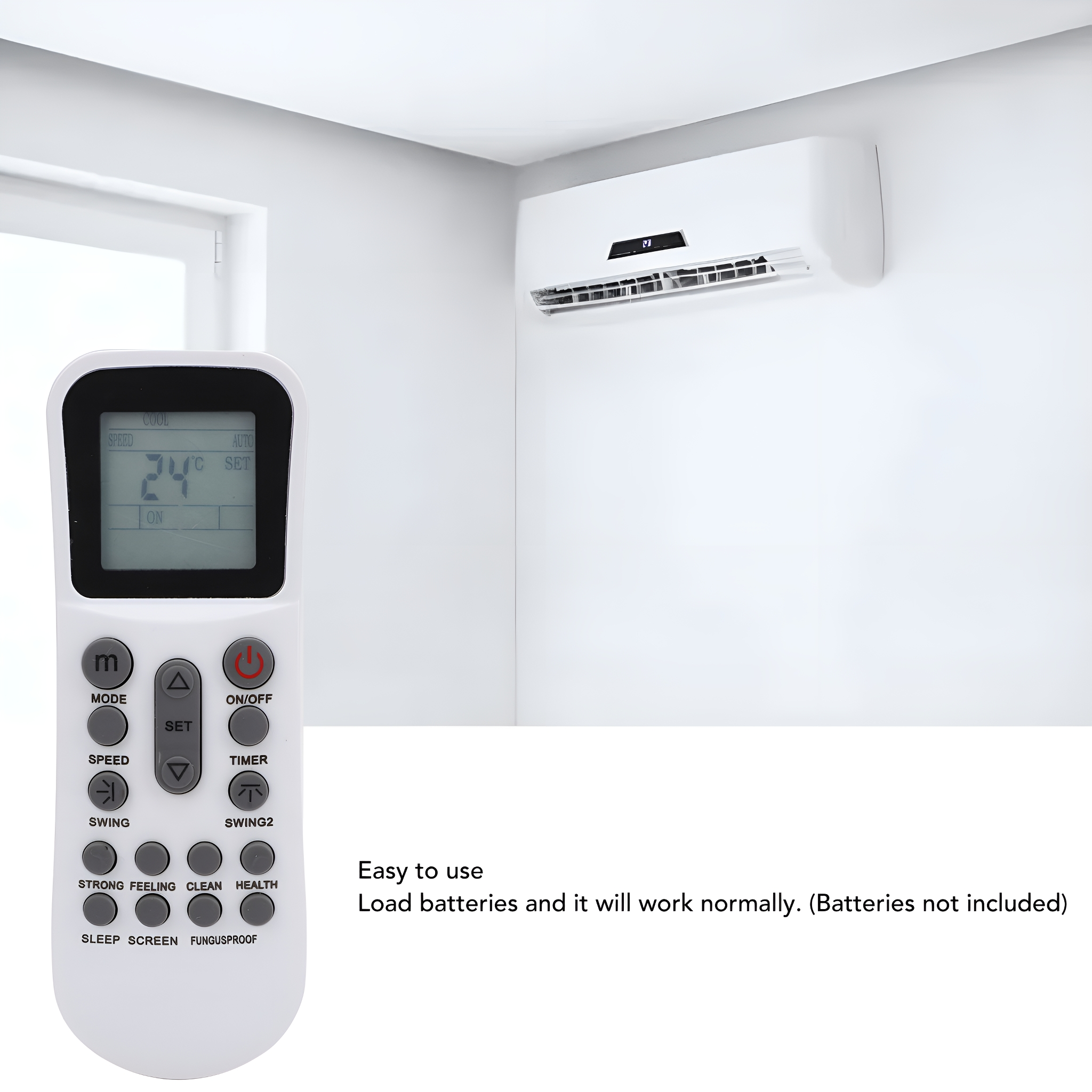 Eine Fernbedienung mit Display, das '24' Grad zeigt, und eine Klimaanlage an der Wand.