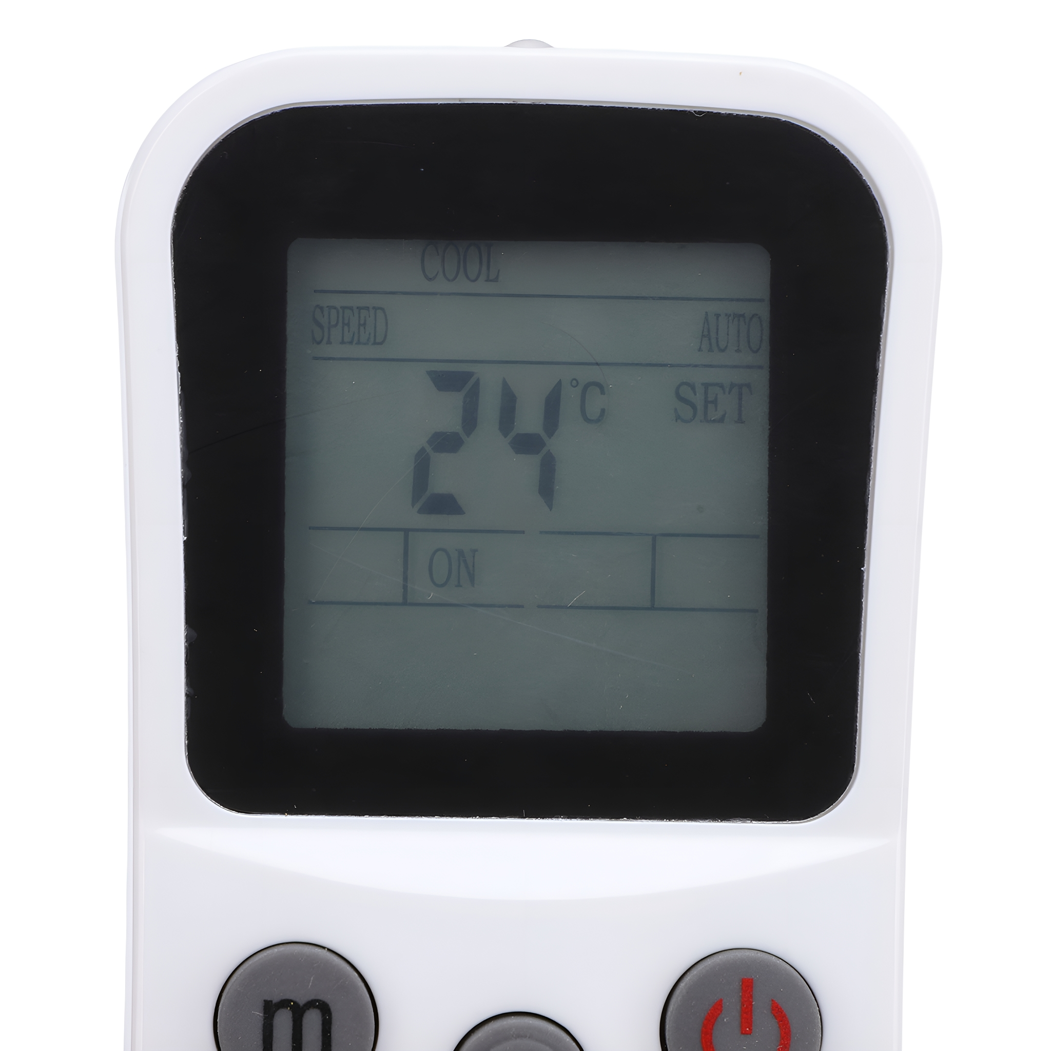 Weißer AC-Fernbedienung mit Digitalanzeige, die 24°C anzeigt. Tasten für Geschwindigkeit, Kühlen, Auto und Ein/Aus.