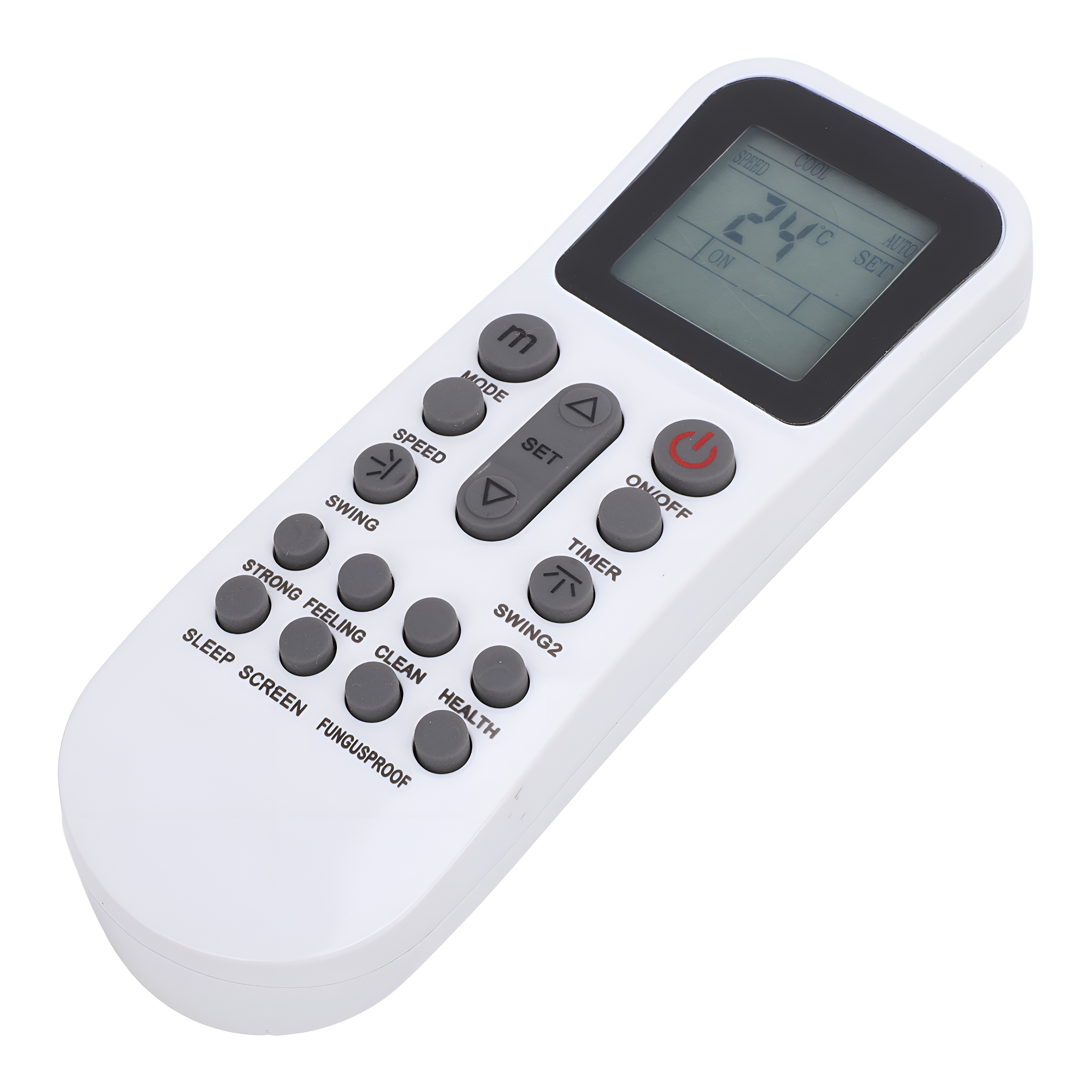 Weiße Fernbedienung mit Tasten und einem Display. Ein/Aus-, Modus- und Timer-Tasten sind sichtbar.