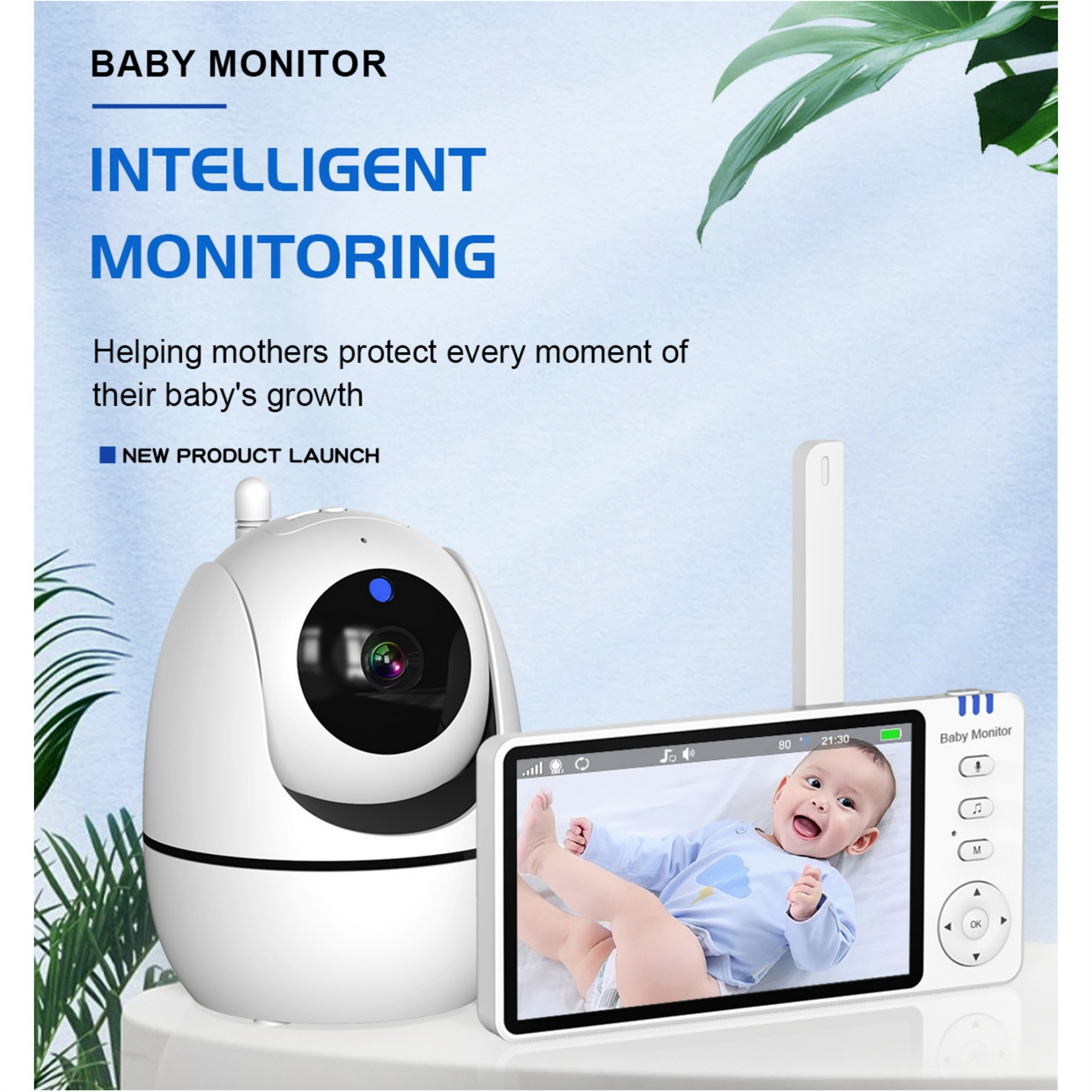 Ein Babyphone zeigt ein Baby auf dem Bildschirm. Der Monitor ist weiß.