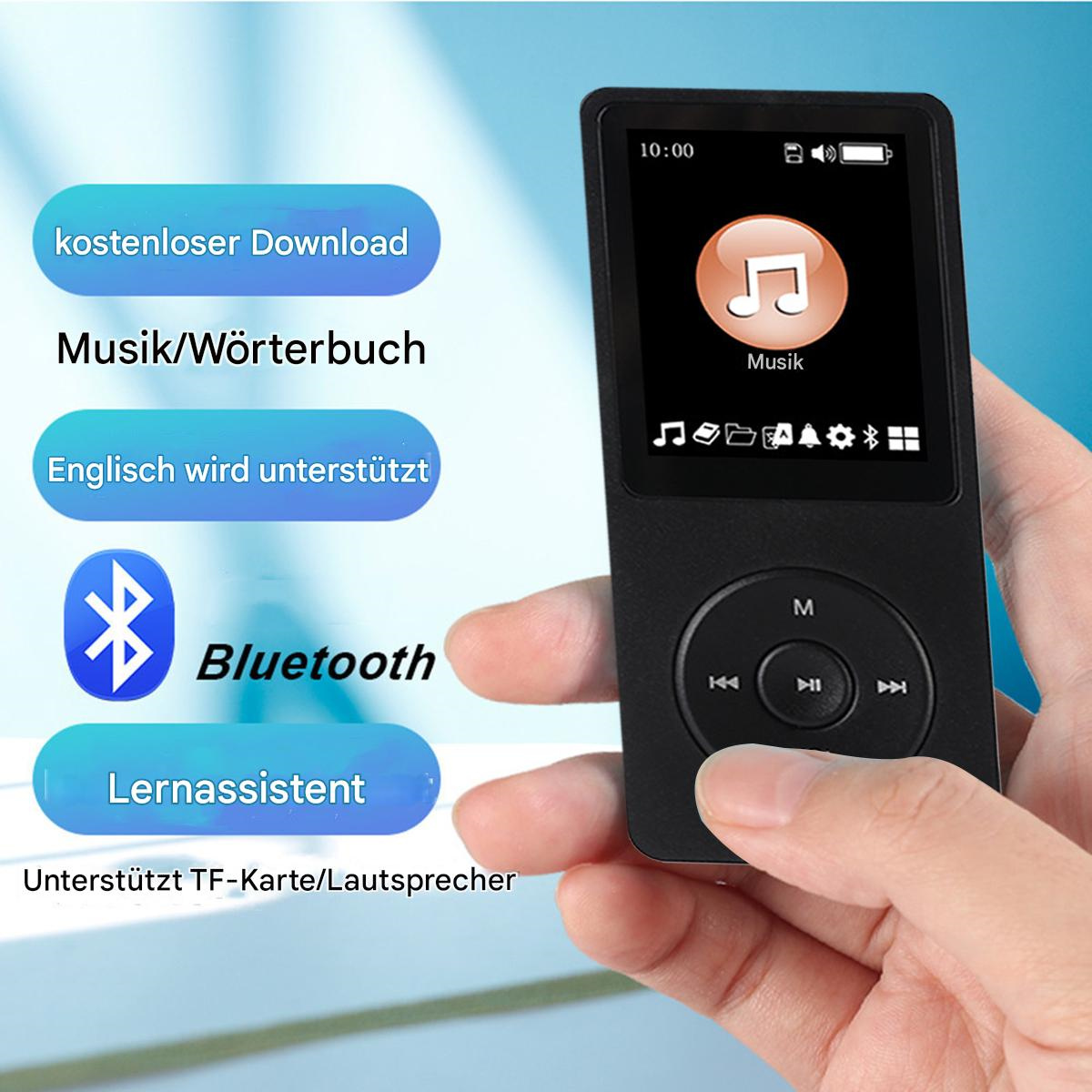 Ein schwarzer MP3-Player mit Bildschirm, Tasten und Text auf blauem Hintergrund.