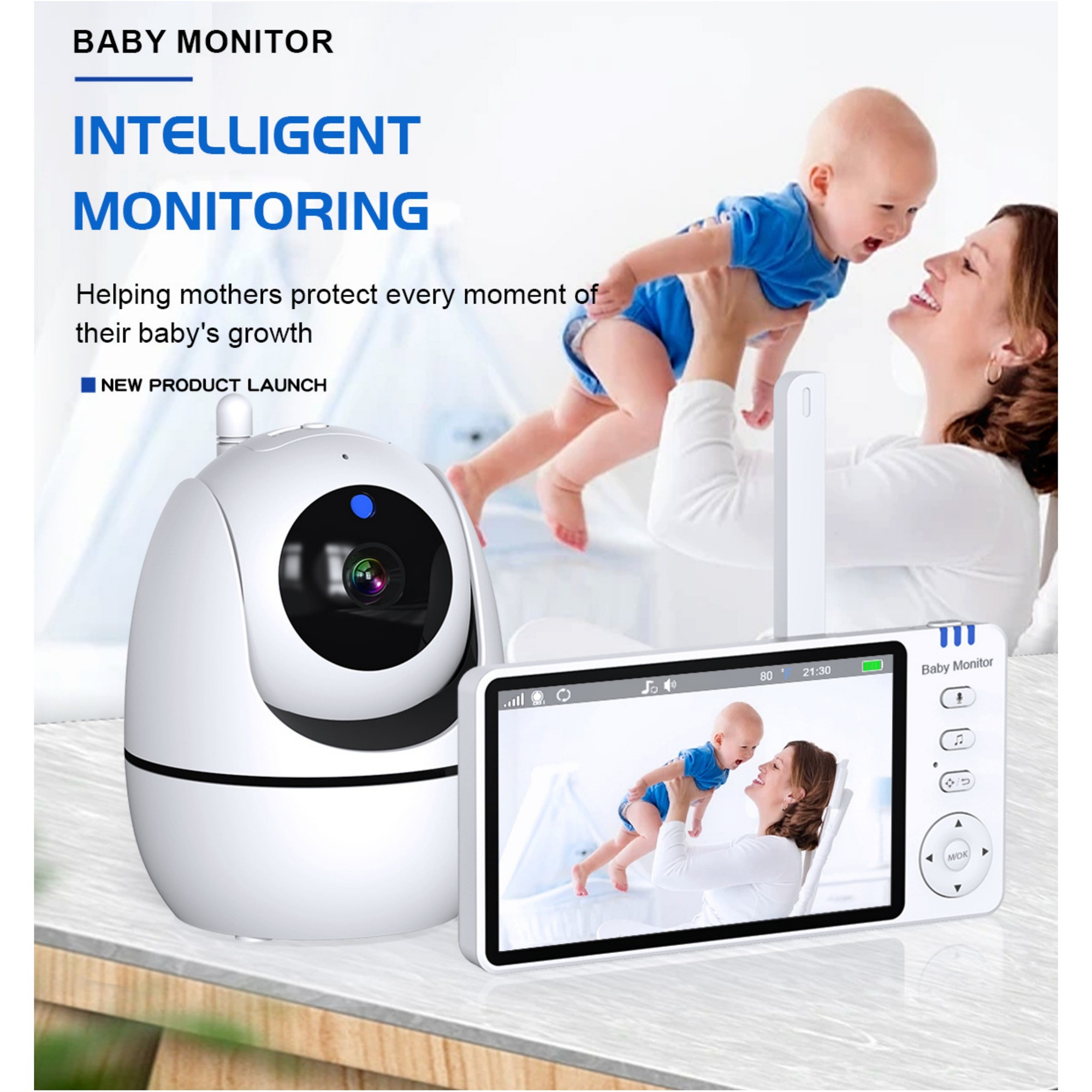 Babyphone mit Kamera und Bildschirm, mit Mutter und Baby im Bild.