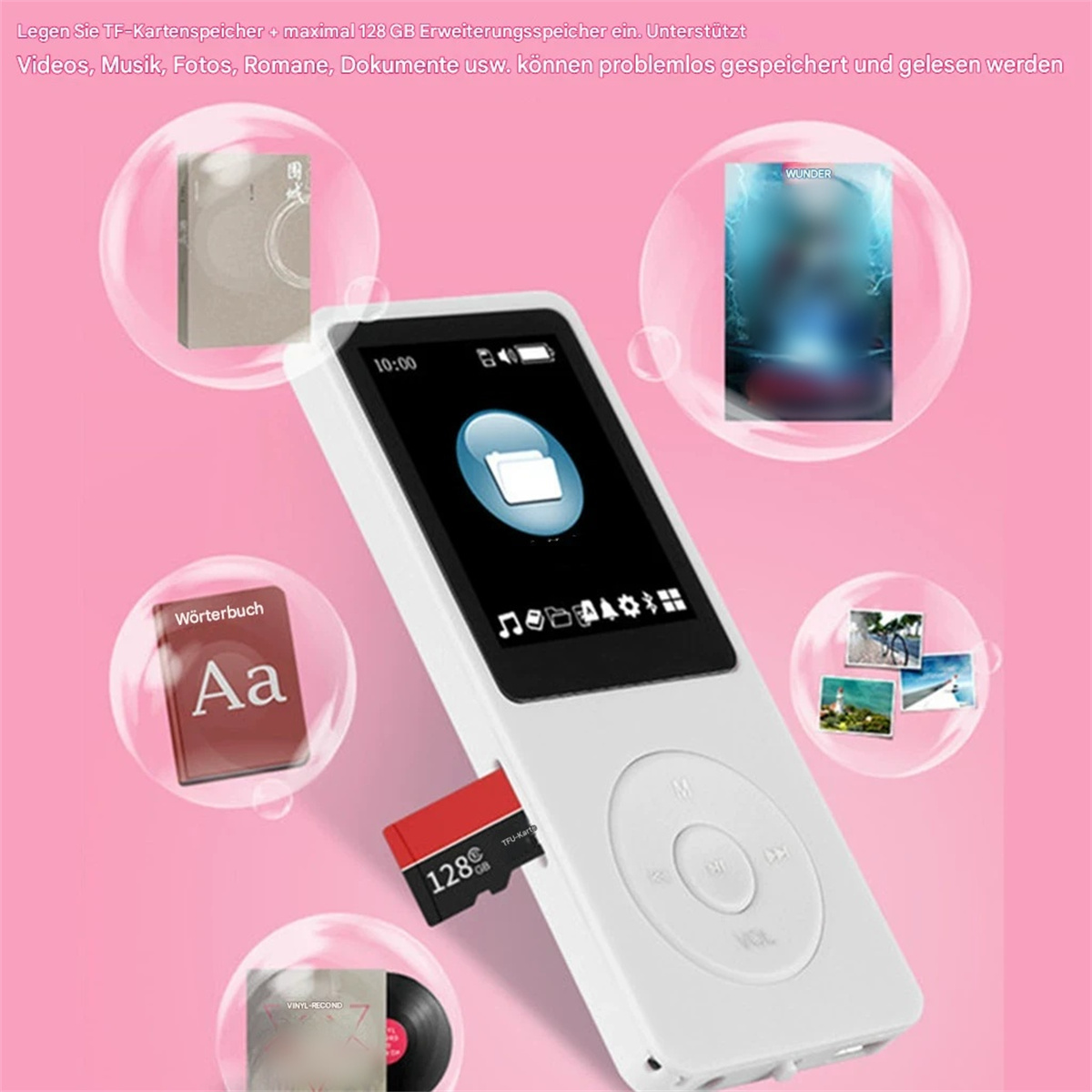 Weißer MP3-Player mit Bildschirm, umgeben von Blasen, und einer eingelegten Speicherkarte.