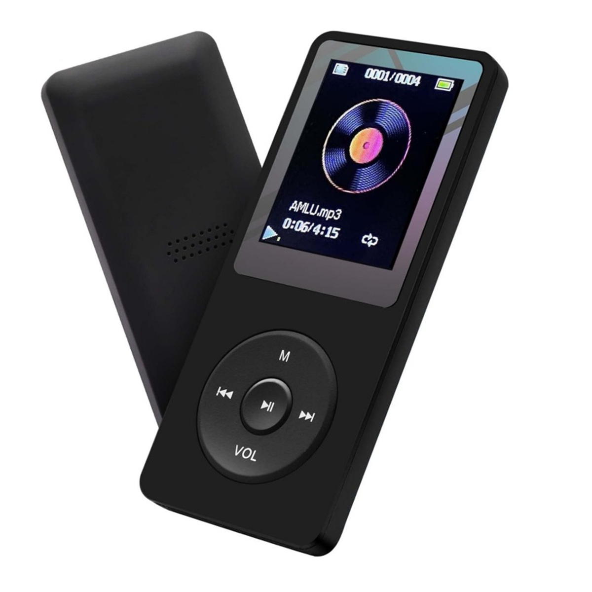 Schwarzer MP3-Player, der einen Bildschirm mit einer Musikwiedergabeoberfläche zeigt, isoliert auf Weiß.