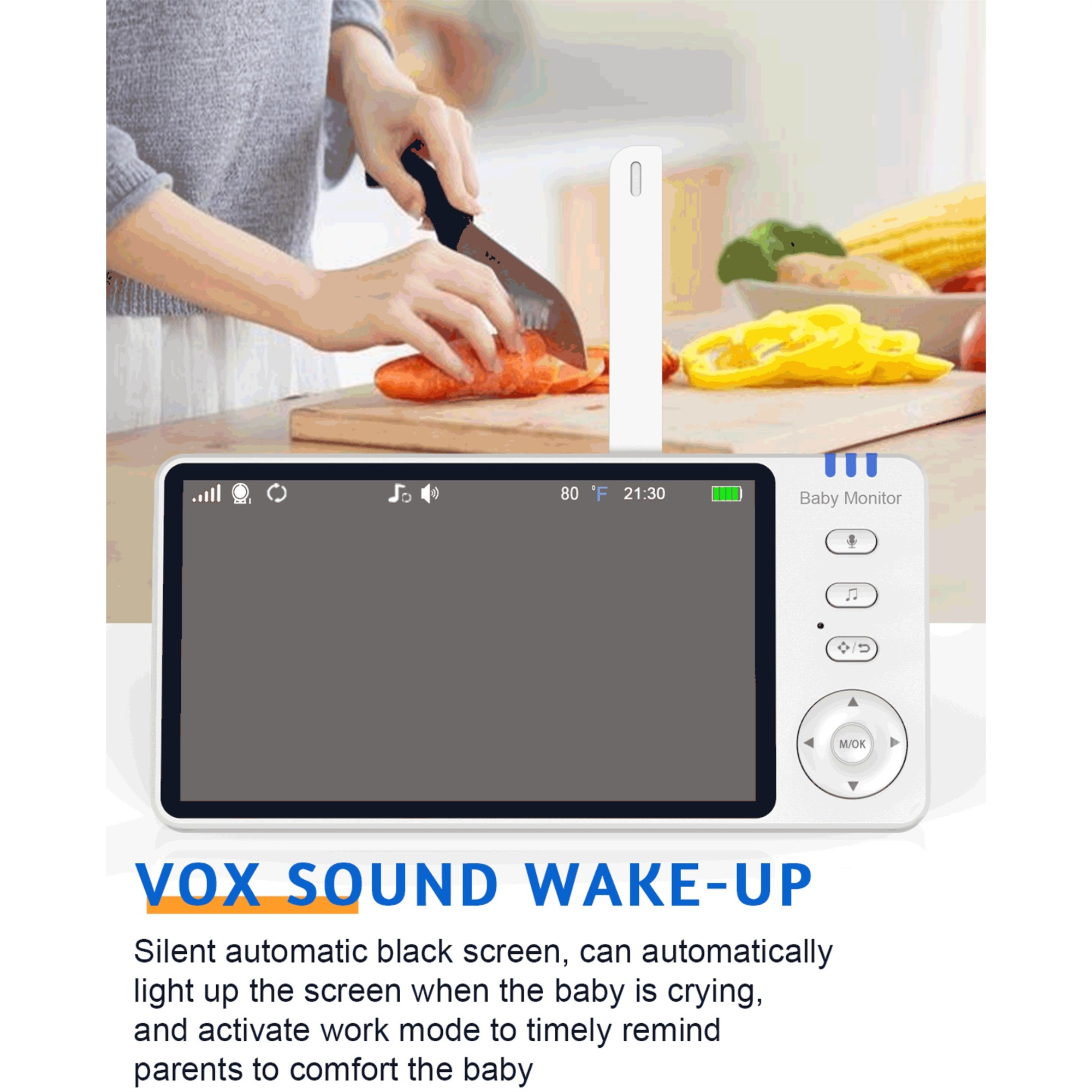 Babyphone und Person, die Karotte schneidet. Monitor zeigt Bildschirm mit Zeit und Batterie. Weißer Hintergrund.