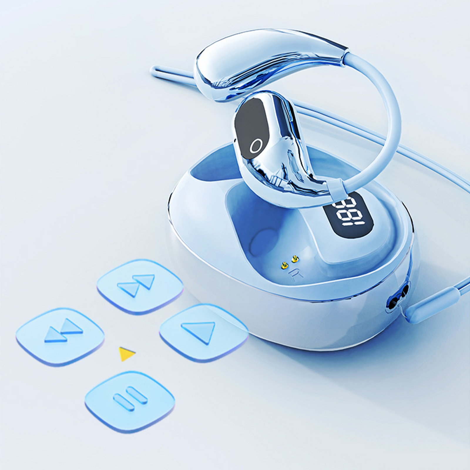 Ein blau-silbernes Knochenschall-Headset mit Steuertasten und einem LCD-Bildschirm.