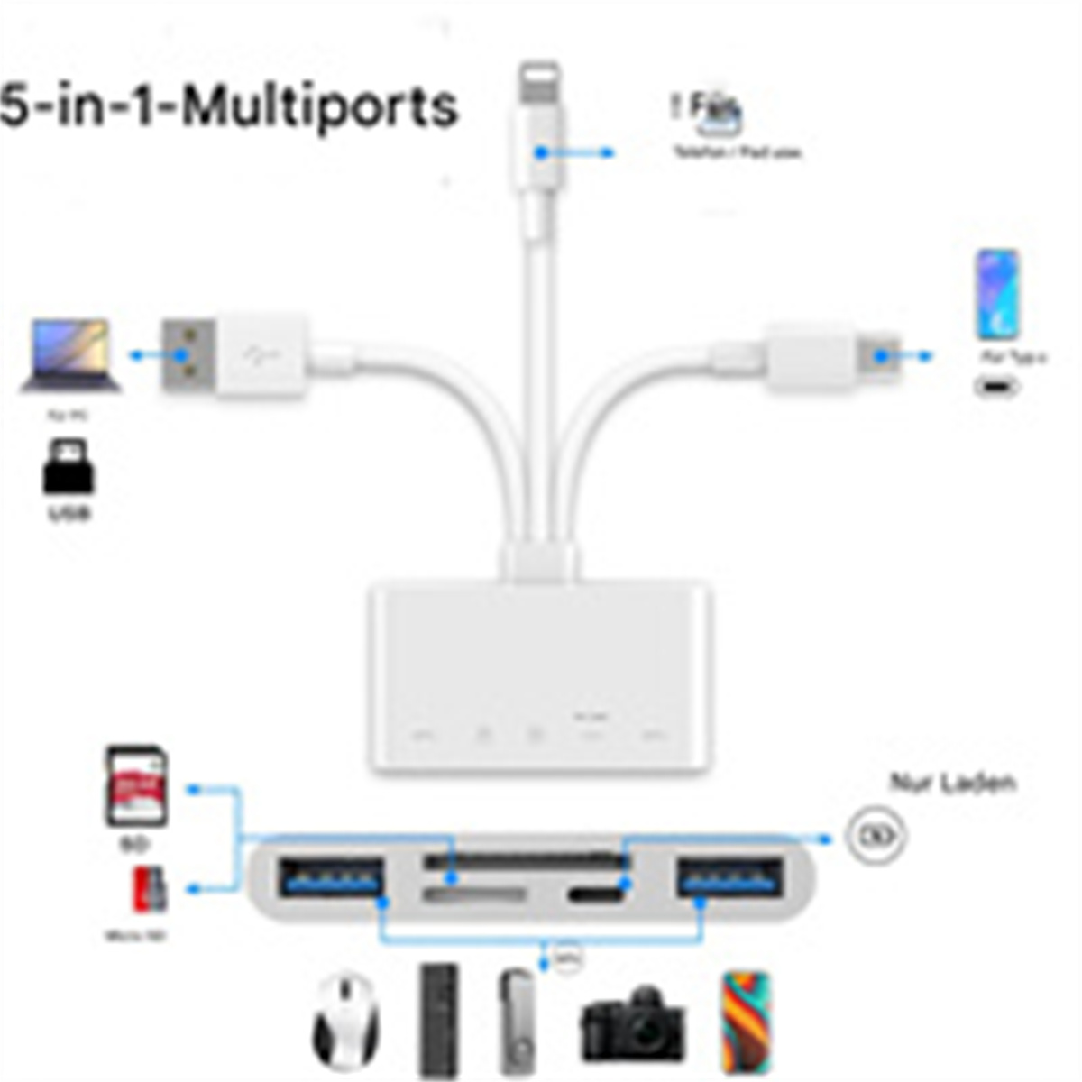 Weißer Multiport-Adapter mit mehreren USB-Anschlüssen und Lightning/USB-C-Kabel. Geräte sind abgebildet.