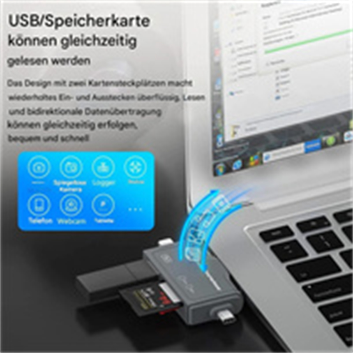 Ein Laptop mit einem Kartenleser verbunden. Der Bildschirm zeigt eine Oberfläche.