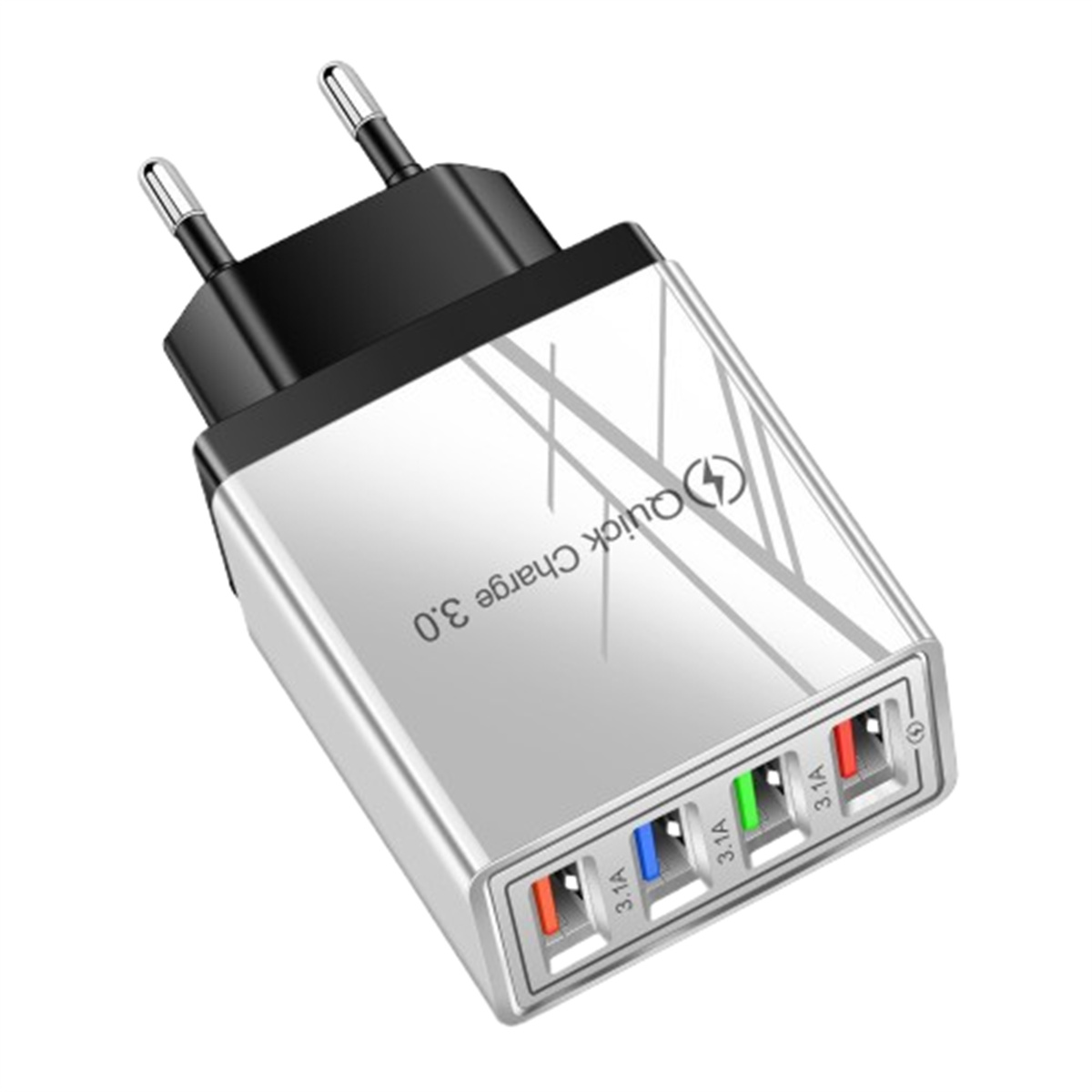 Ein silbernes und schwarzes Ladegerät mit mehreren USB-Anschlüssen, beschriftet mit 'Quick Charge 3.0'.