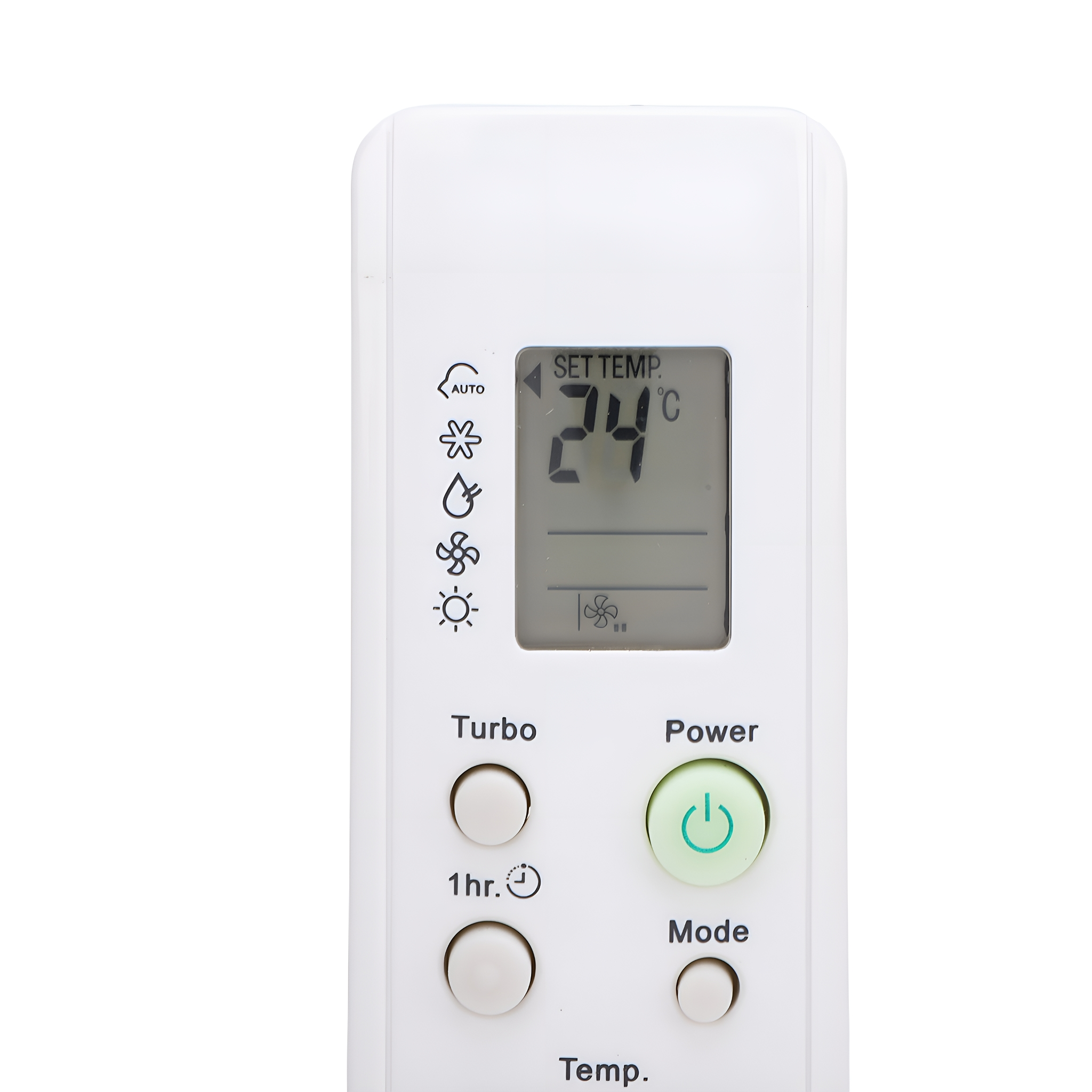 Weiße Fernbedienung mit Tasten und Display. Zeigt Temperatureinstellungen.