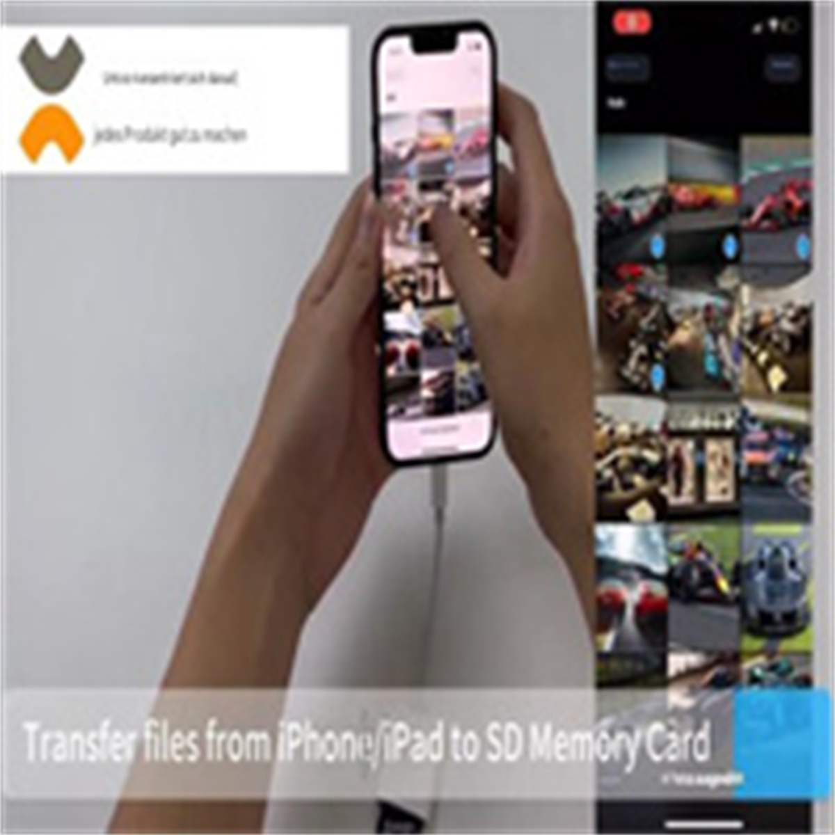 Hände, die ein Telefon verwenden, um Dateien auf eine SD-Karte zu übertragen. Oberfläche zeigt Miniaturansichten von Fotos. SD-Kartenadapter sichtbar.