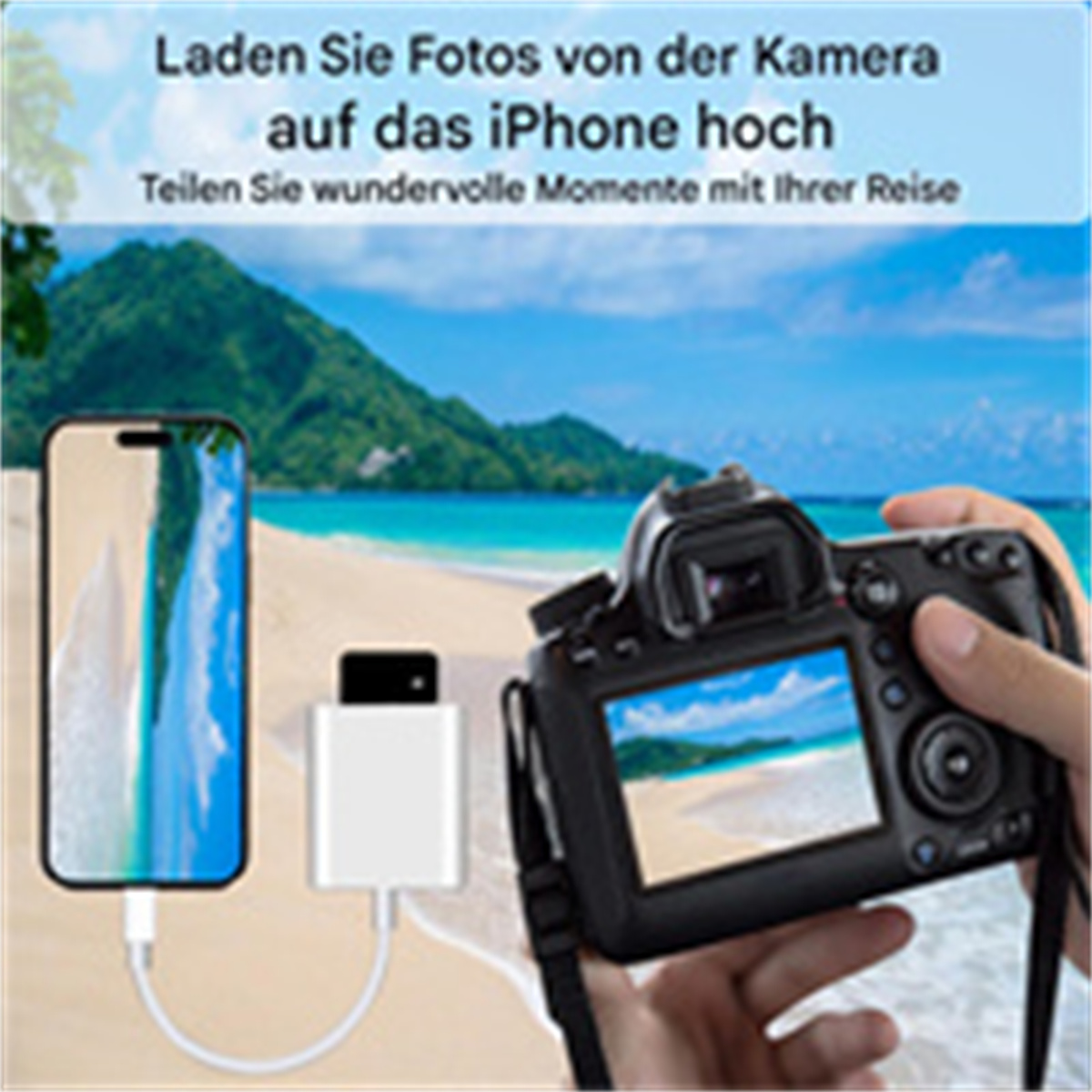 Eine Person hält eine Kamera, die mit einem weißen Adapter verbunden ist, links daneben ein Telefon.