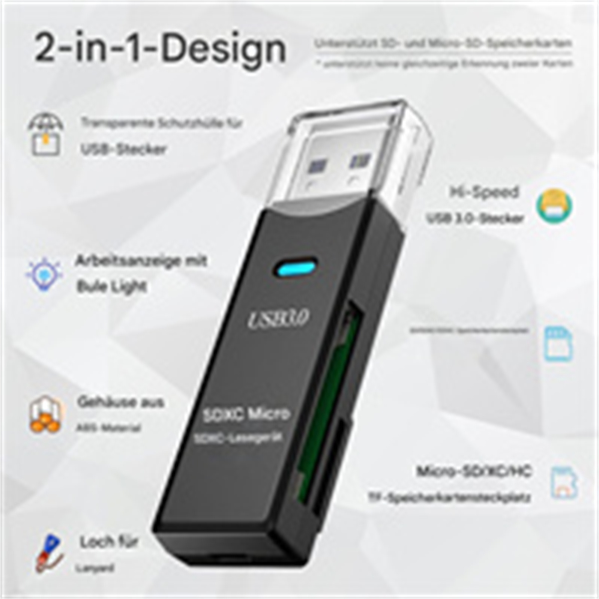Schwarzer USB 3.0 Kartenleser. Weißer Hintergrund.