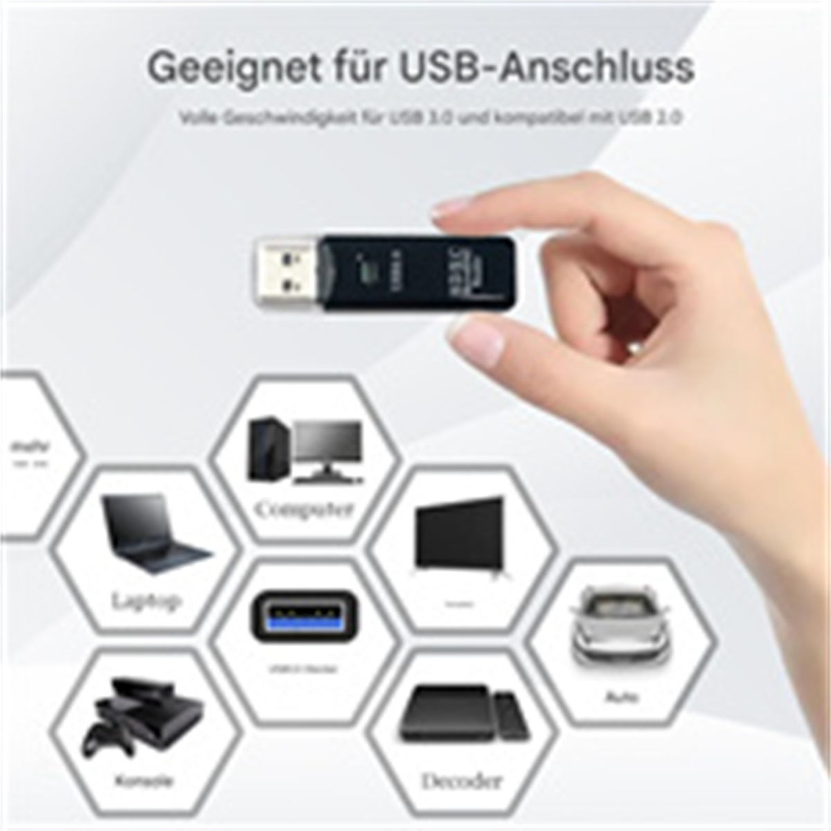 Hand, die einen USB-Stick hält. Verschiedene Geräte sind im Hintergrund abgebildet.