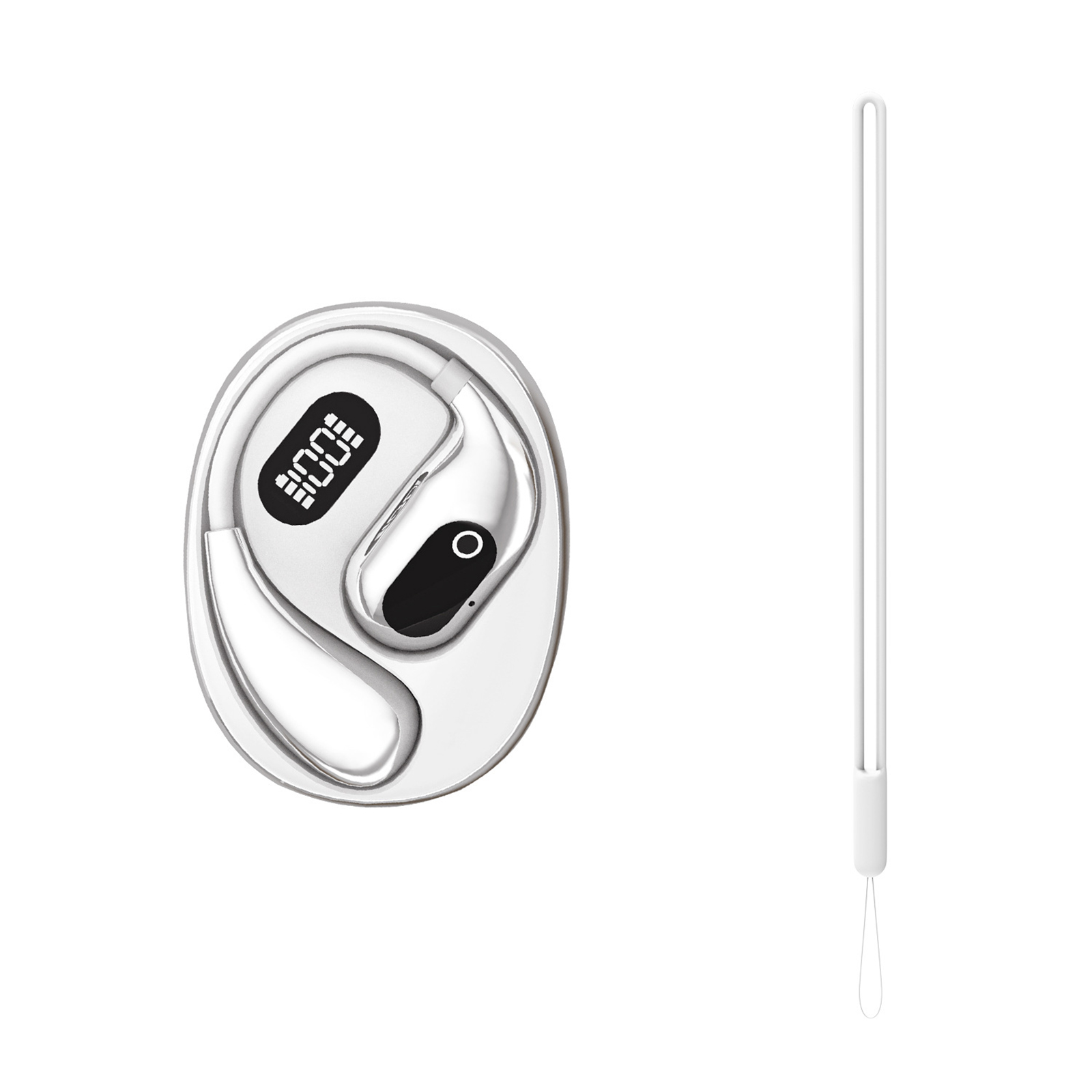 Weißer Ohrhörer mit Display und weißem Kabel. Es befindet sich auf weißem Hintergrund.
