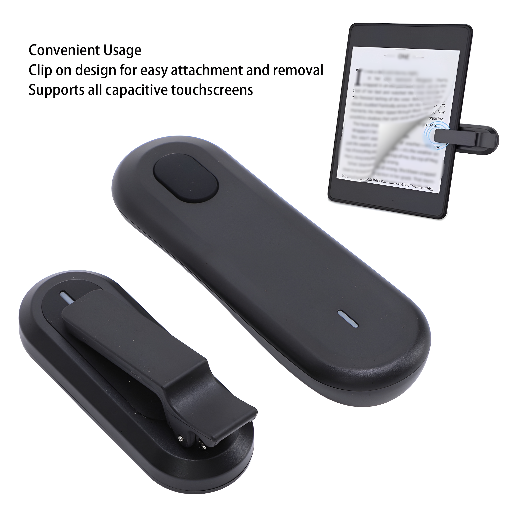 Schwarzes Leselicht mit Clip, neben einem E-Reader mit Text, auf weißem Hintergrund.