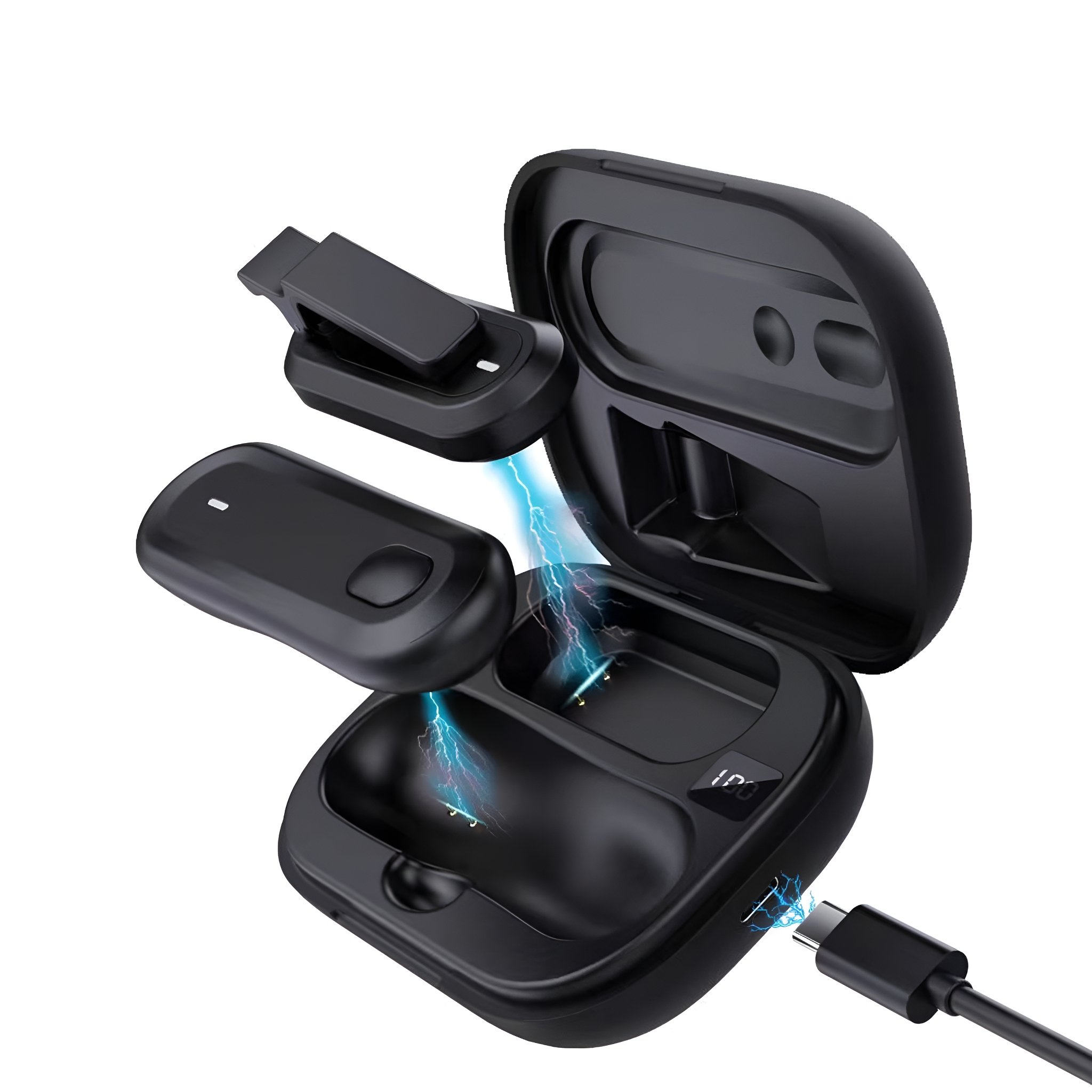 Schwarzes Ladecase mit USB-C-Anschluss, offen, um Ladebereiche und Ladegerät zu zeigen.