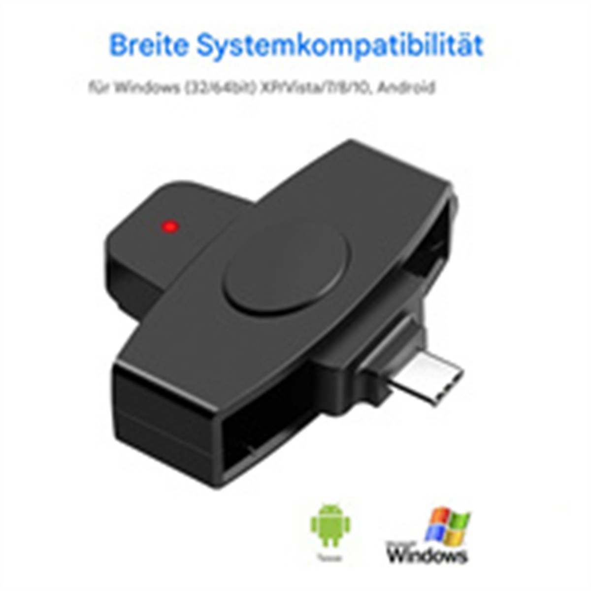 Schwarzer USB-Adapter mit USB-C-Anschluss und Text auf Deutsch.