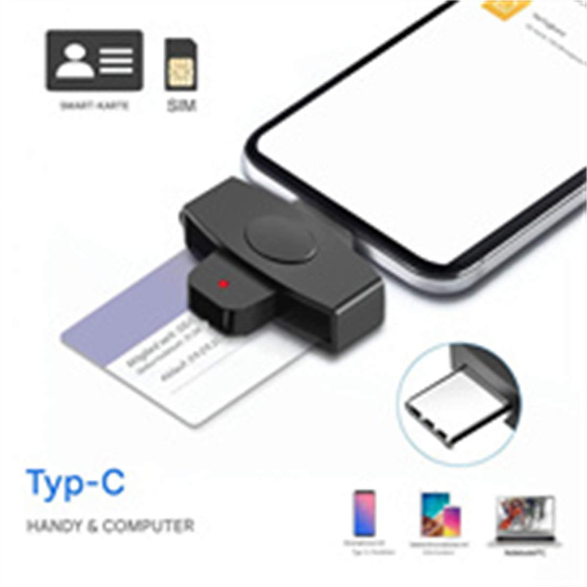 Schwarzes Kartenlesegerät, das mit einem Telefon verbunden ist. Eine Karte und eine SIM-Karte werden ebenfalls gezeigt.