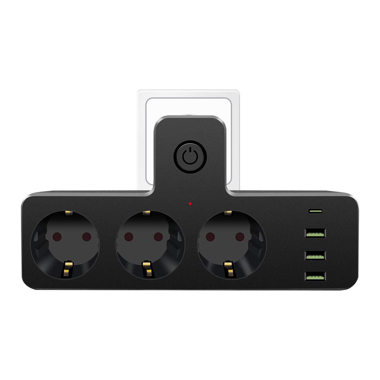 Schwarze Steckdosenleiste mit drei Steckdosen und drei USB-Anschlüssen. Hat einen Ein-/Ausschalter.