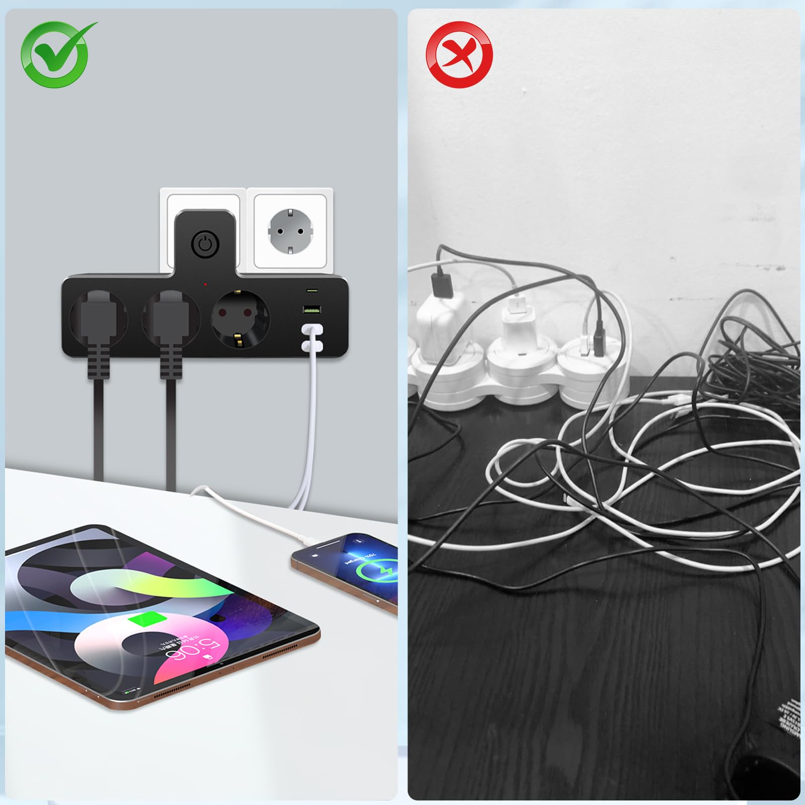 Bild vergleicht gutes und schlechtes Stromleisten-Setup. Eins zeigt gutes, das andere schlechtes.
