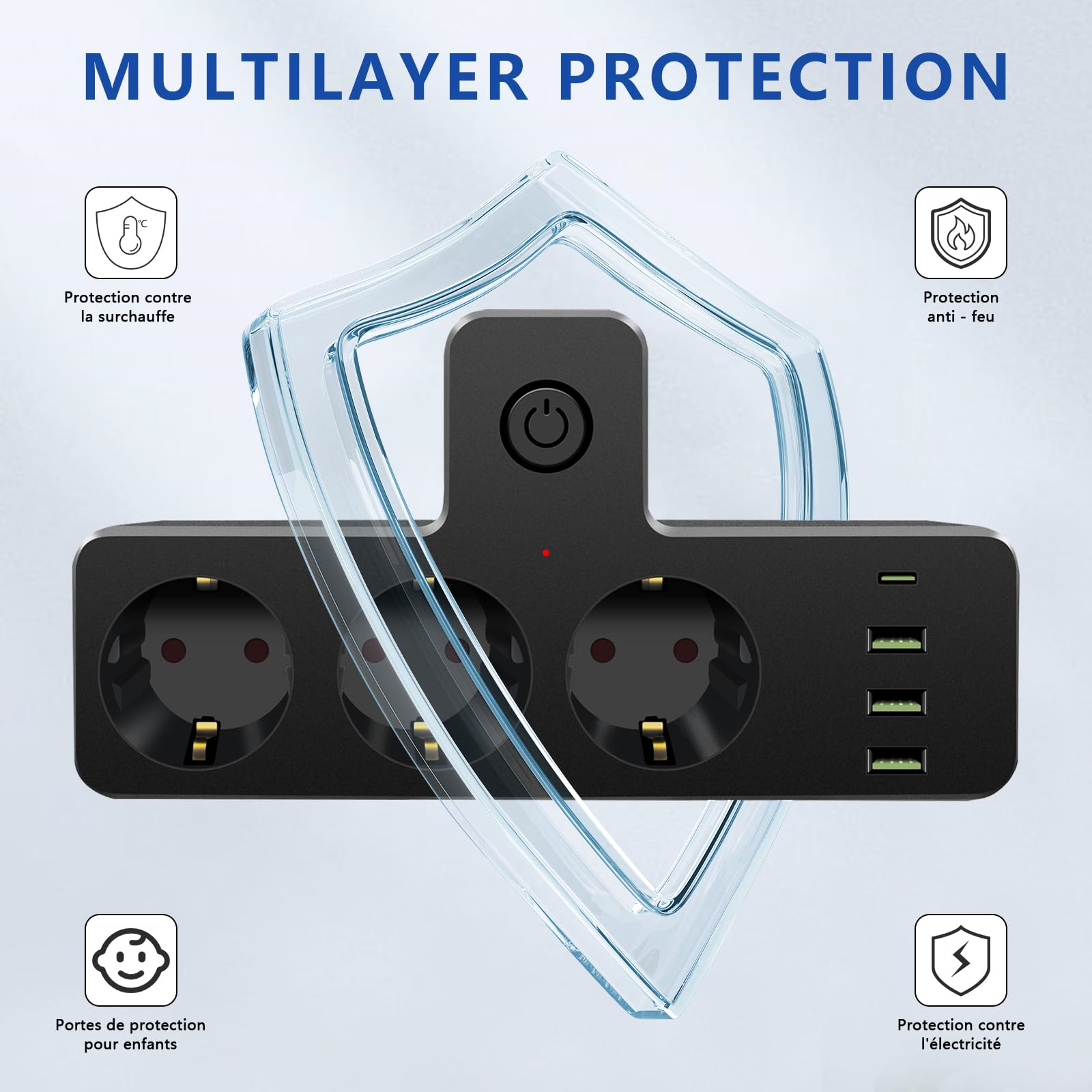 Schwarze Steckdosenleiste mit mehreren Steckdosen und USB-Anschlüssen.