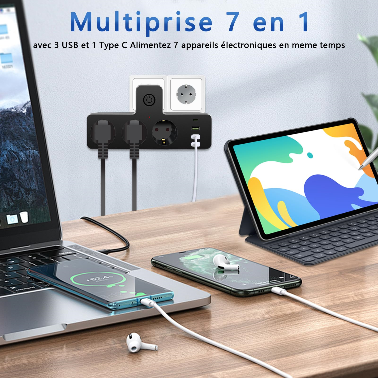 Elektronikgeräte, die an eine Steckdosenleiste angeschlossen sind, mit einem Laptop und Tablet, die geladen werden. Weißer Hintergrund.